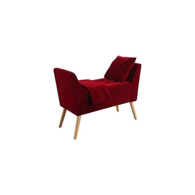 Homestock Modern Motifs 35" Tall Mid-Century Design Storage Bench with Additional Pillow and Blanket, Red , Wing Armrest - 18.5"D x 47"W x 27"H