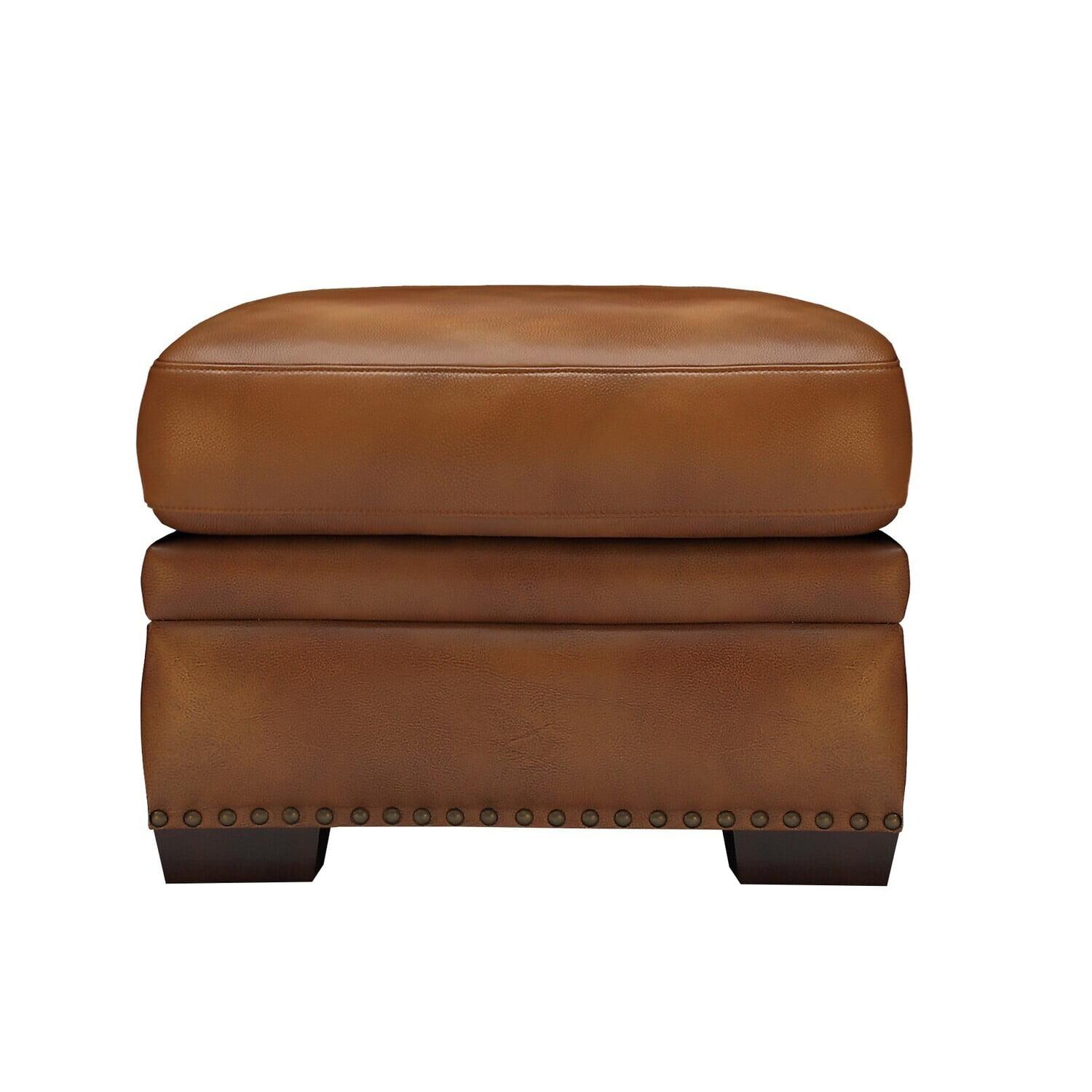 Classic Brown Top Grain Cowhide Leather Ottoman with Nailhead Trim