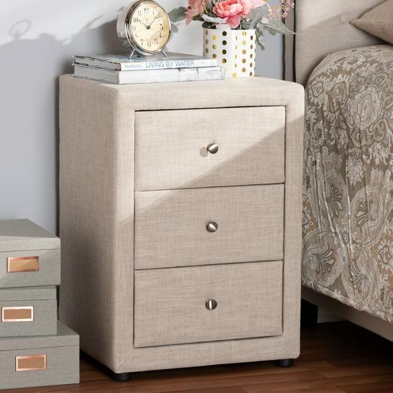 Tessa 3 Drawer Nightstand Light Beige - Baxton Studio: Contemporary Bedside Furniture, Chrome Knobs, Storage