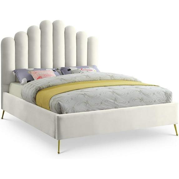 Meridian Furniture Contemporary Velvet Upholstered Platform Bed with Sturdy Gold Steel Legs and Deep Channel Tufted Headboard