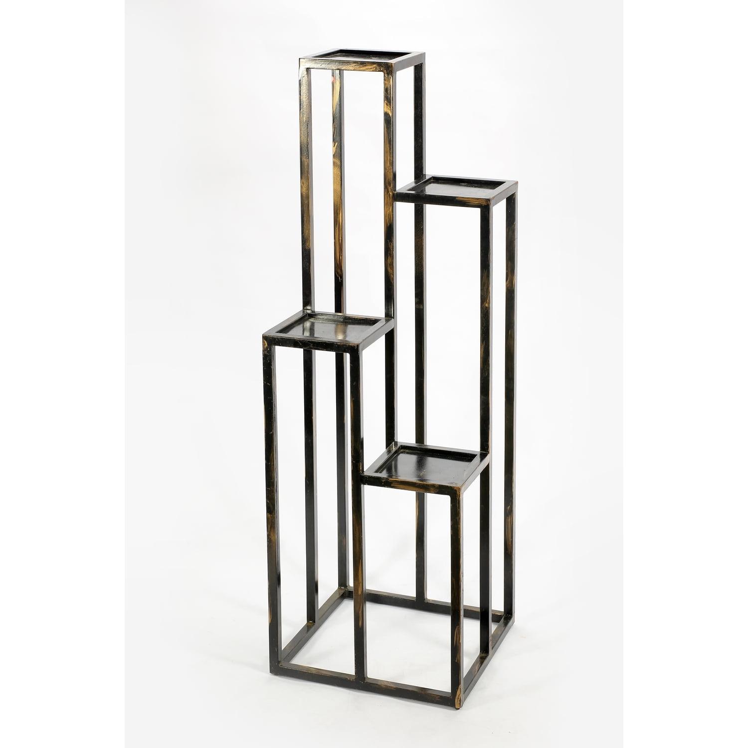 4 Tier Cast Iron Frame Plant Stand with Tubular Legs, Black & Gold