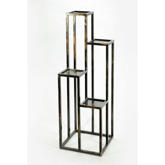 Benjara 4 Tier Cast Iron Frame Plant Stand with Tubular Legs, Black and Gold