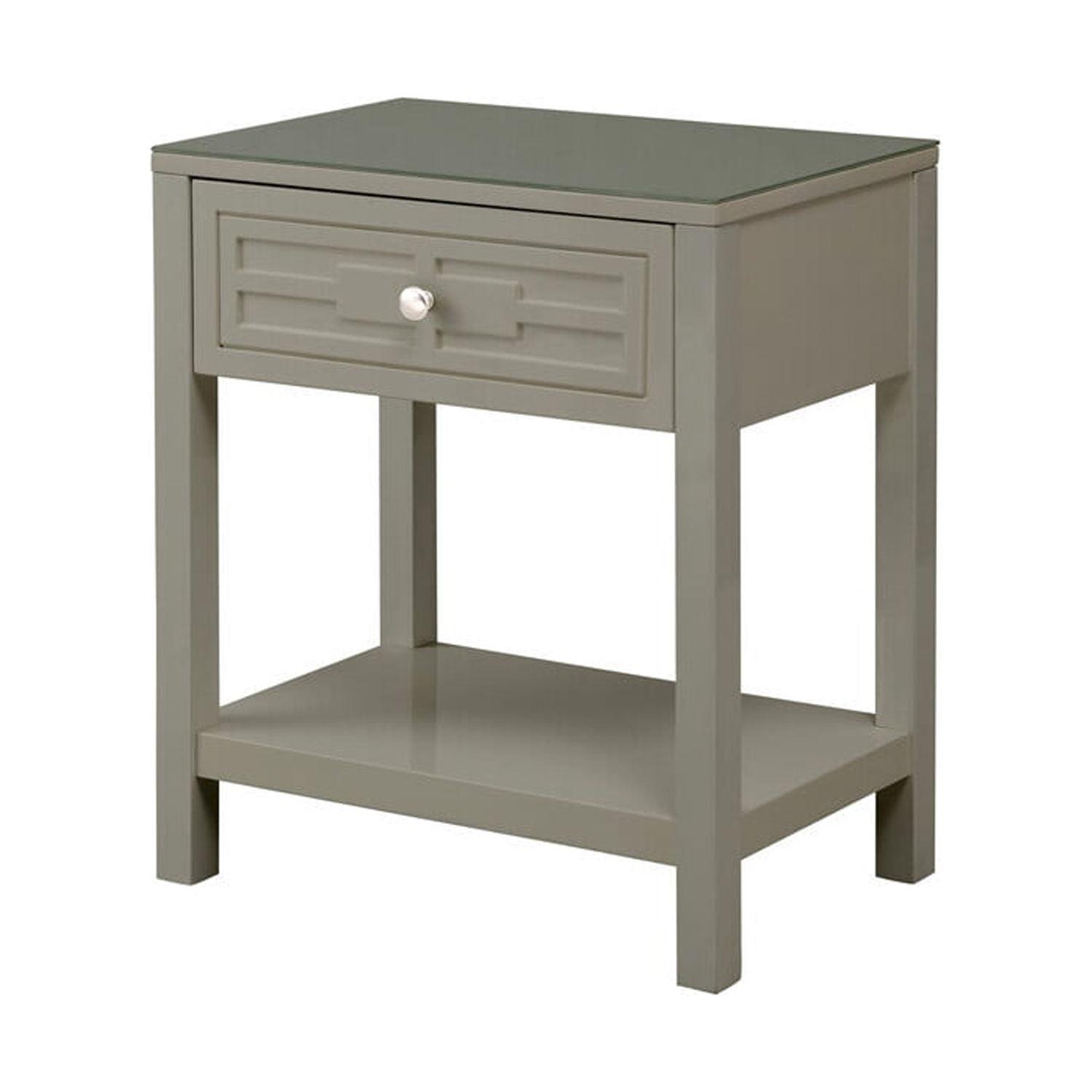 Taupe Wooden End Side Table Nightstand with Glass Top