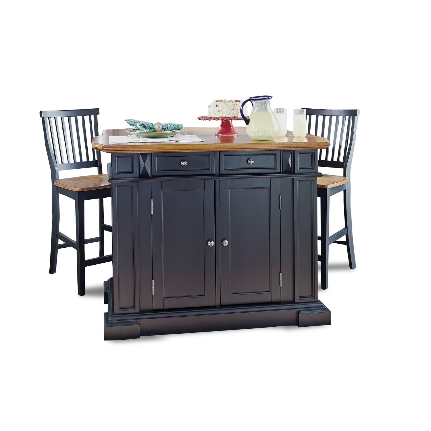 Black and Oak Wood Kitchen Island Set with Stools