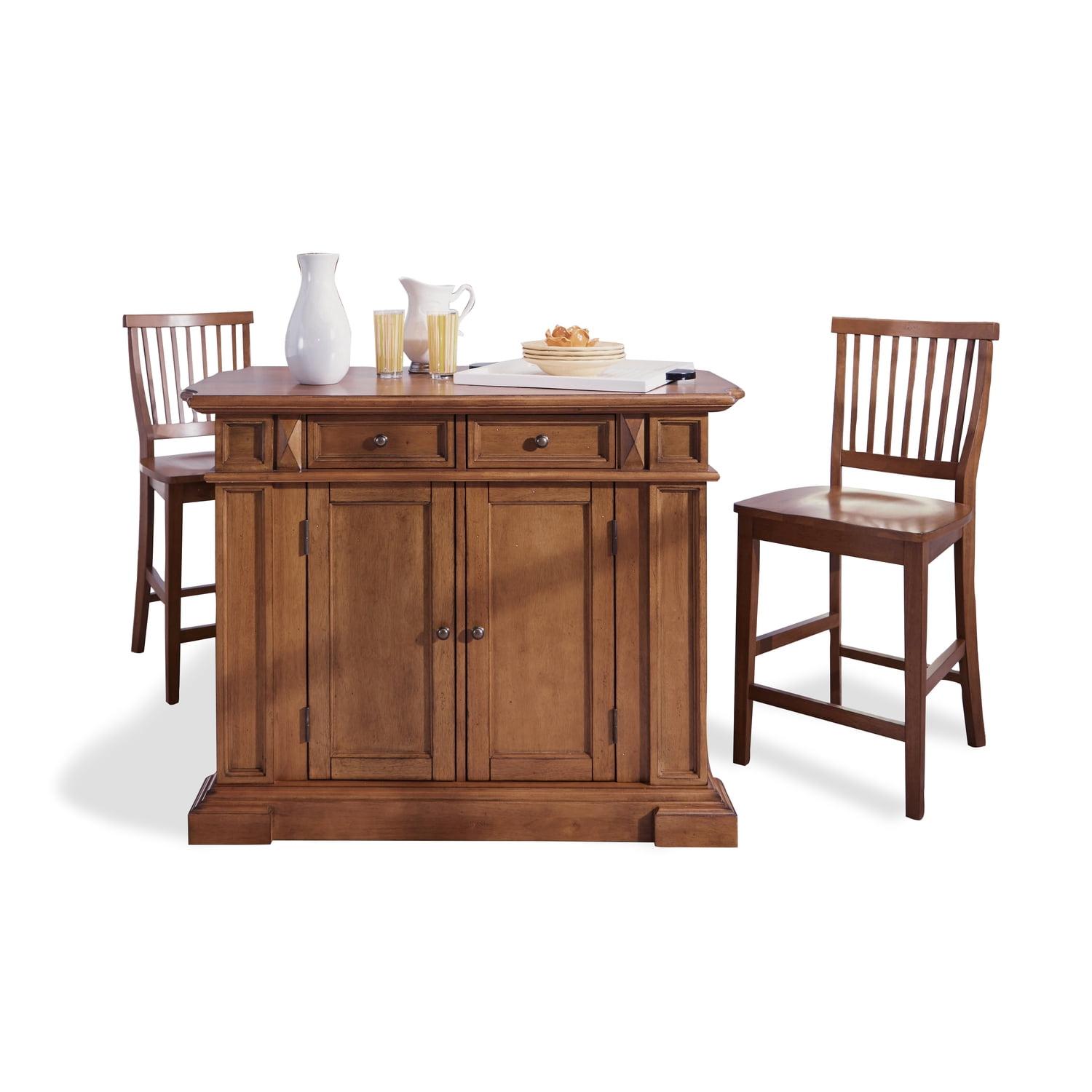 Americana Oak Wood Kitchen Island Set with Stools