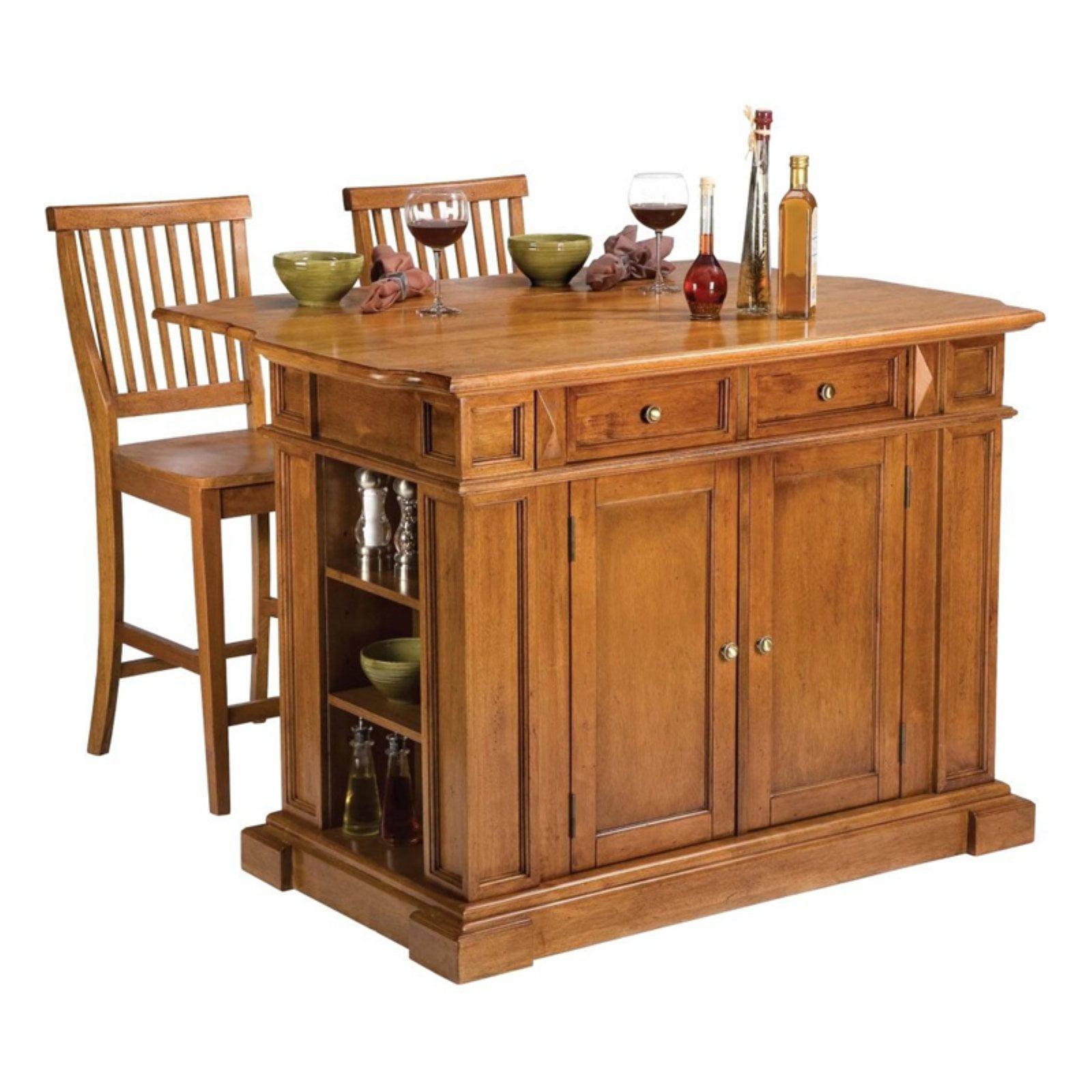 Americana Oak Wood Kitchen Island Set with Stools