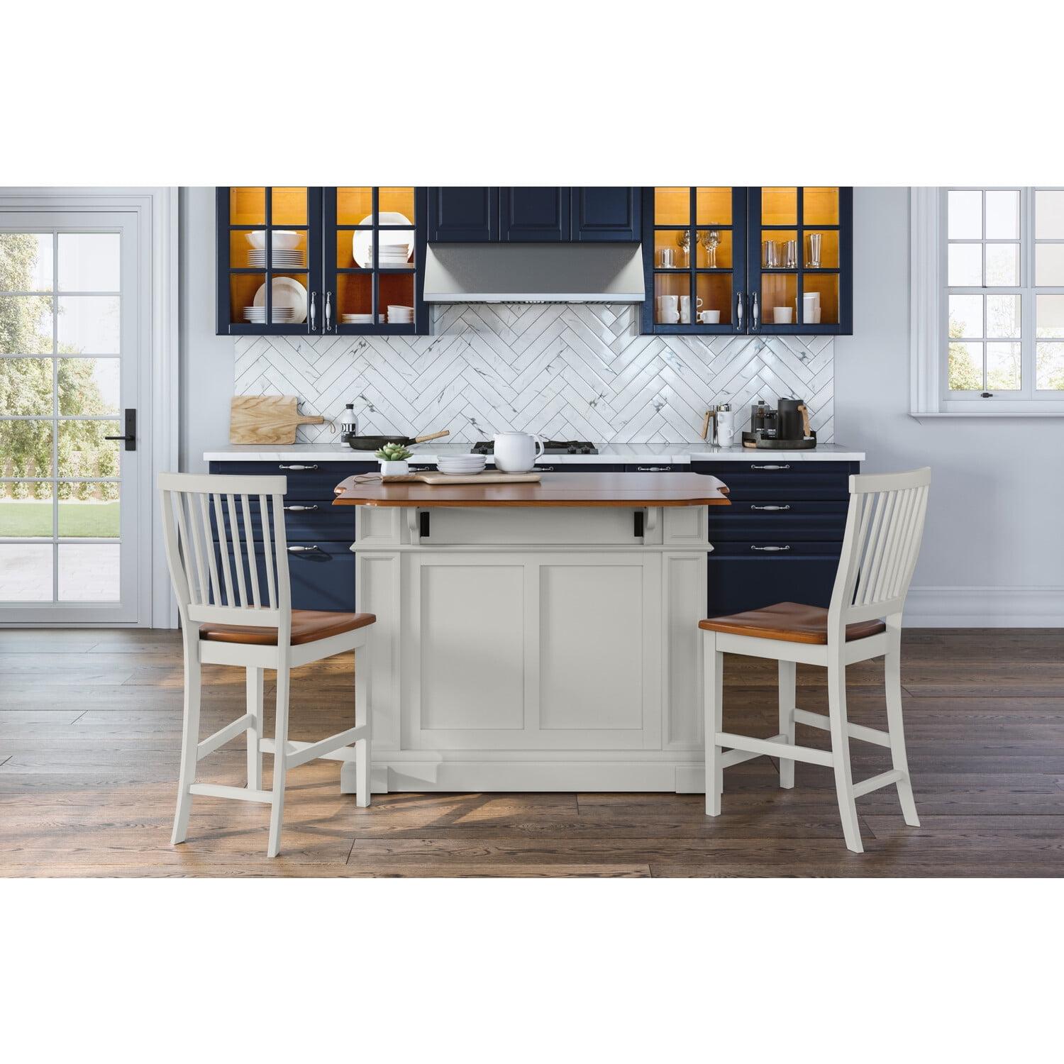 Americana Off-White Distressed Oak Kitchen Island Set with Stools