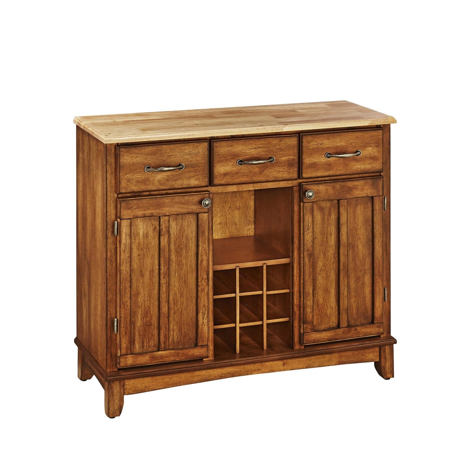 Cottage Oak Finish Sideboard with Natural Wood Top and Wine Storage