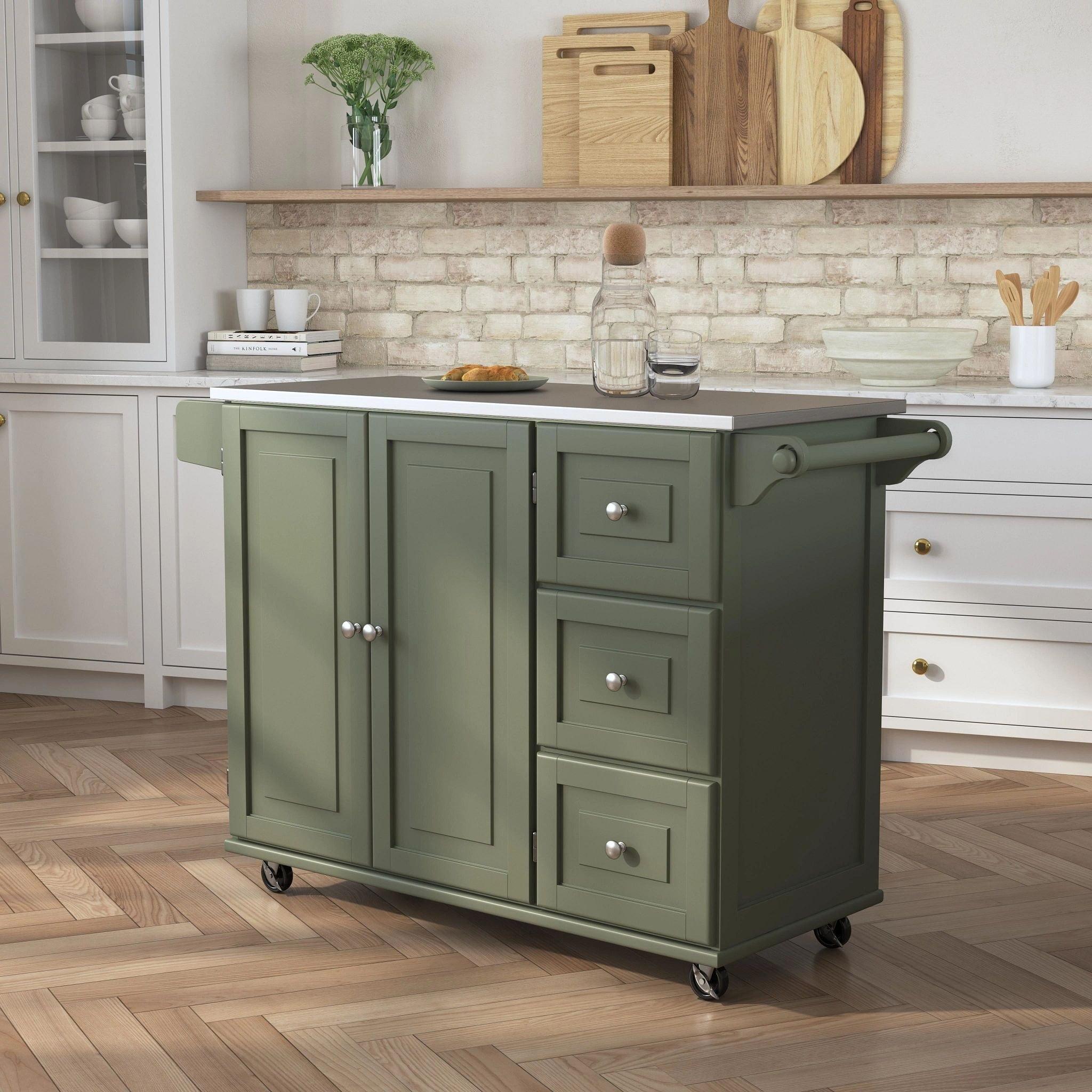 Sage Green Stainless Steel Top Kitchen Cart with Storage