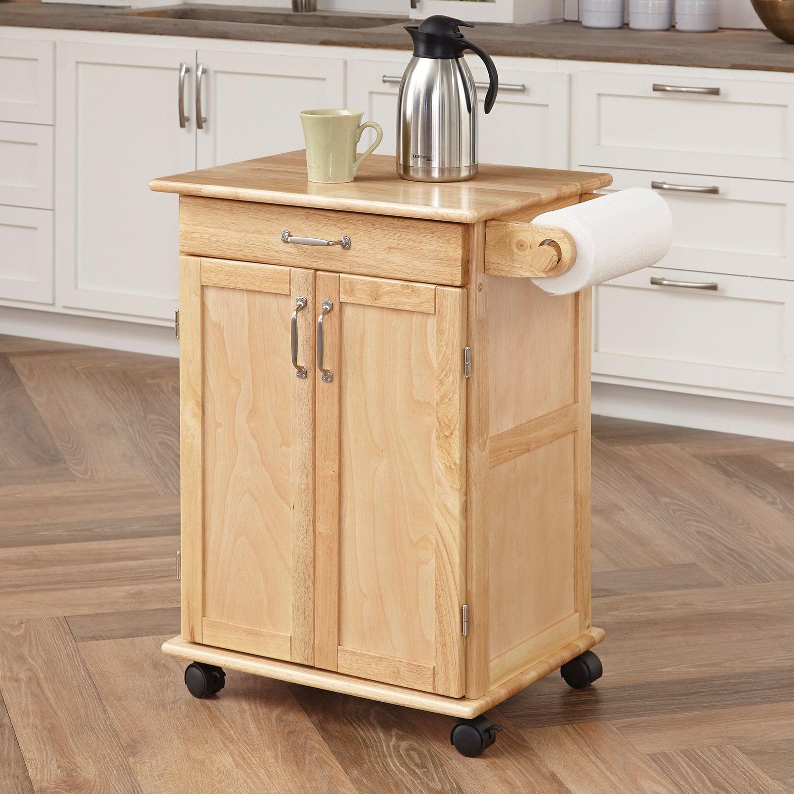 Natural Wood Rolling Kitchen Cart with Storage and Towel Bar