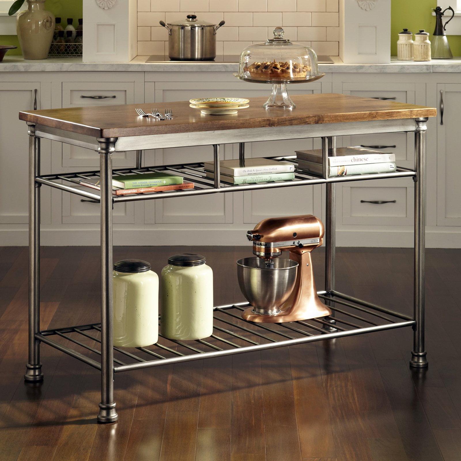 Orleans Kitchen Island: Homestyles Metal Frame, Wood Surface, 2 Shelves Storage Cart - Brown