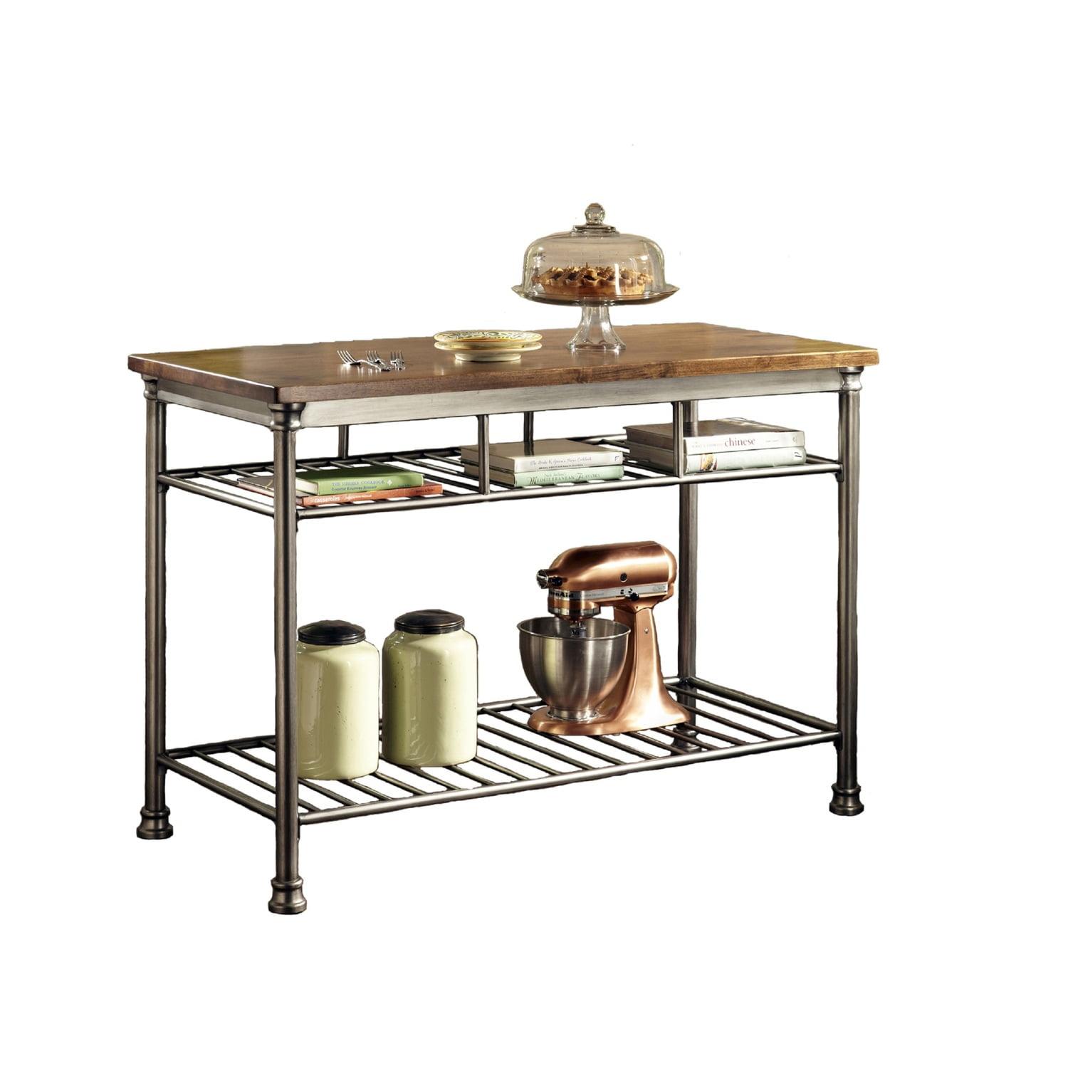 Orleans Kitchen Island: Homestyles Metal Frame, Wood Surface, 2 Shelves Storage Cart - Brown