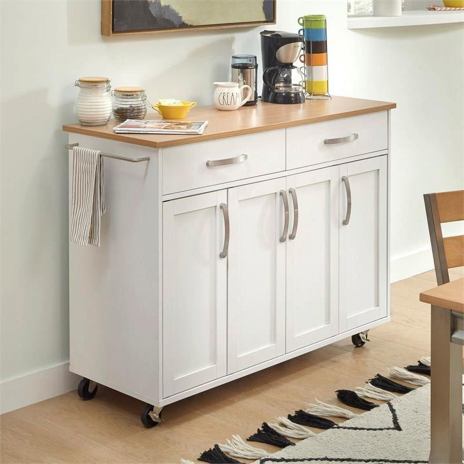 Off-White Wood Kitchen Cart with Storage and Laminate Top