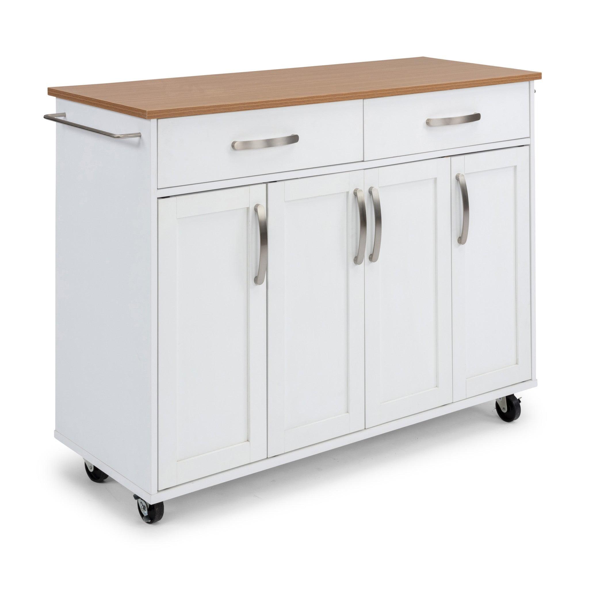 Off-White Wood Kitchen Cart with Storage and Laminate Top