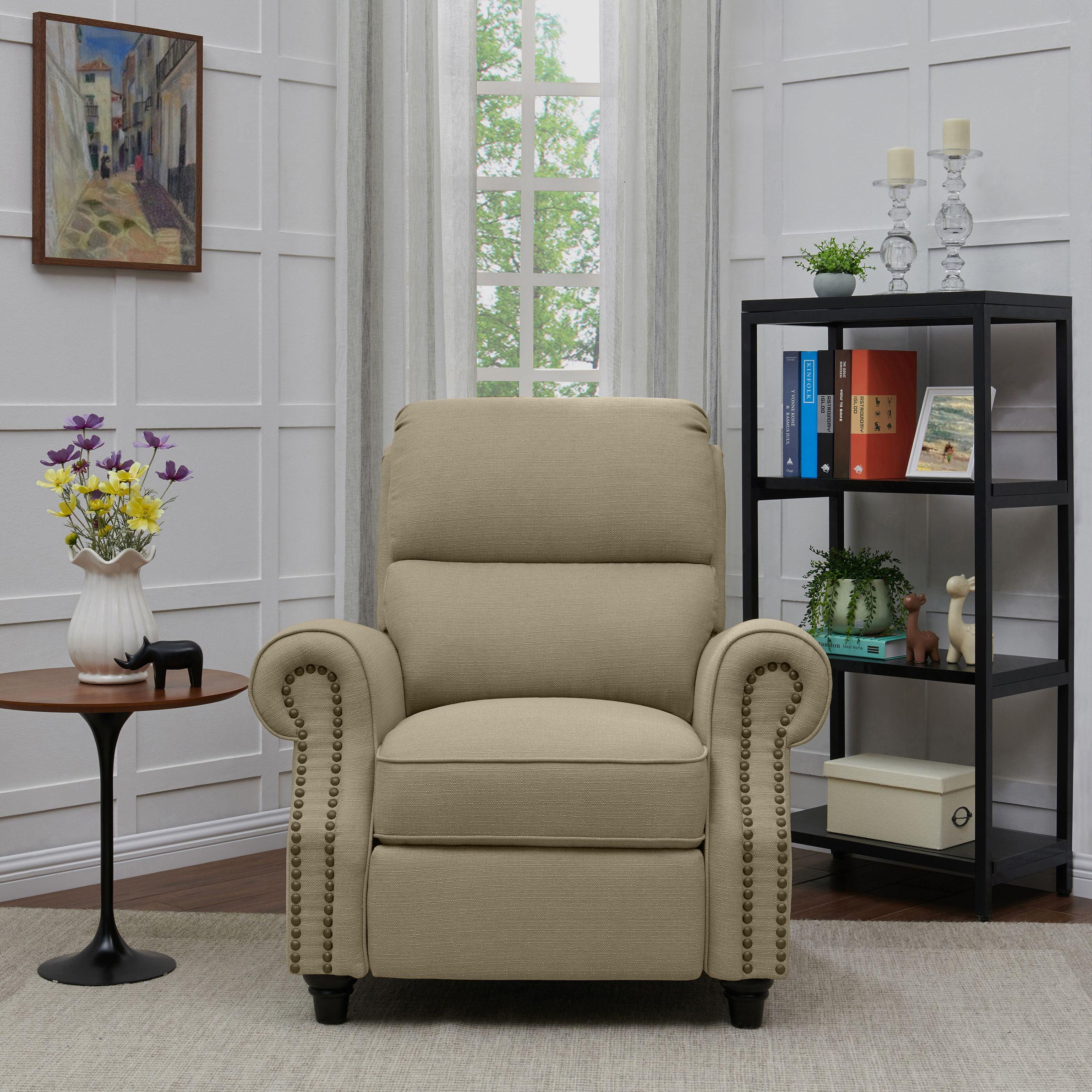 ProLounger Bustle-Back Pushback Recliner with Nailheads in Barley Tan Linen