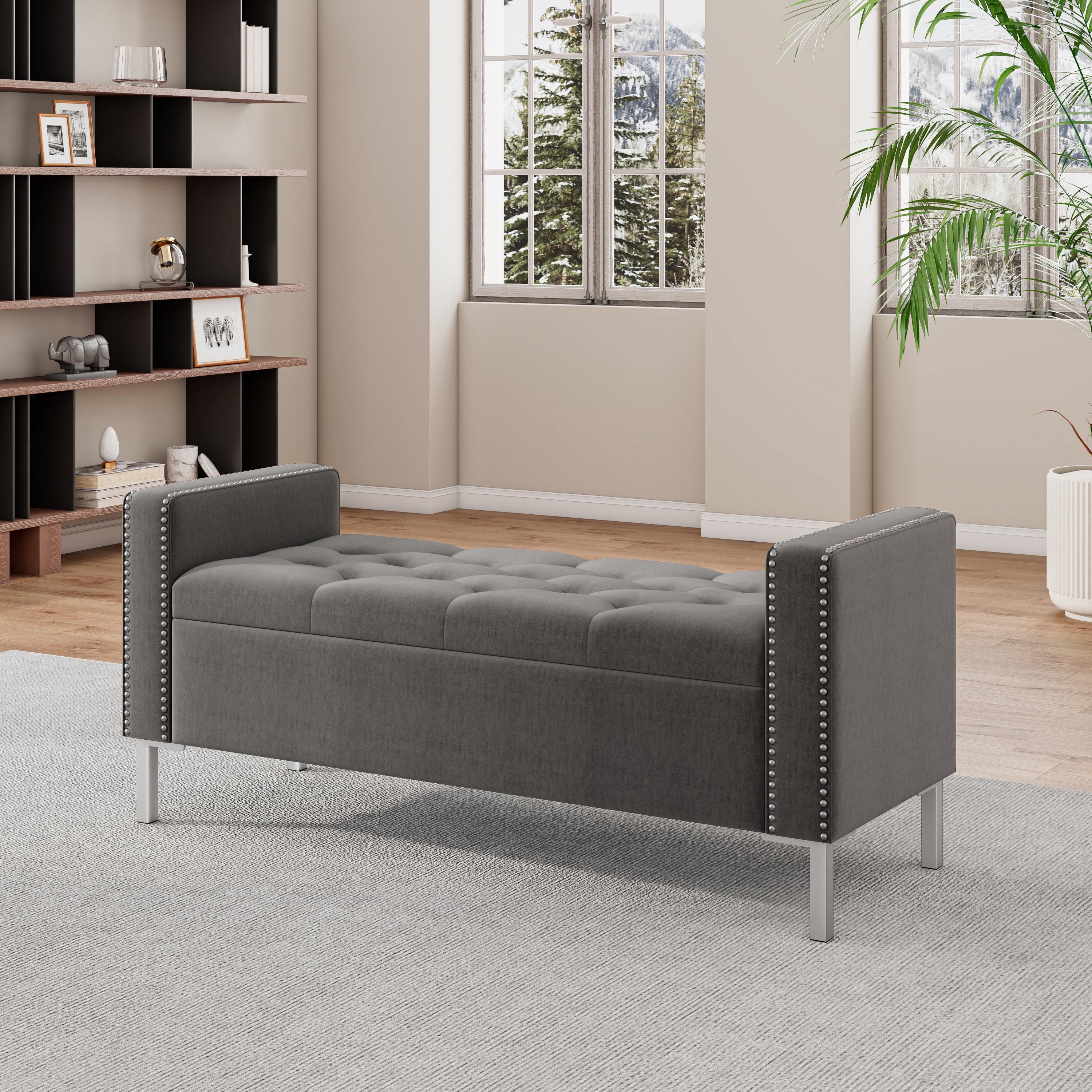 Square Arm Tufted Top Storage Ottoman with Pewter Nailhead Trim in Plush Velvet