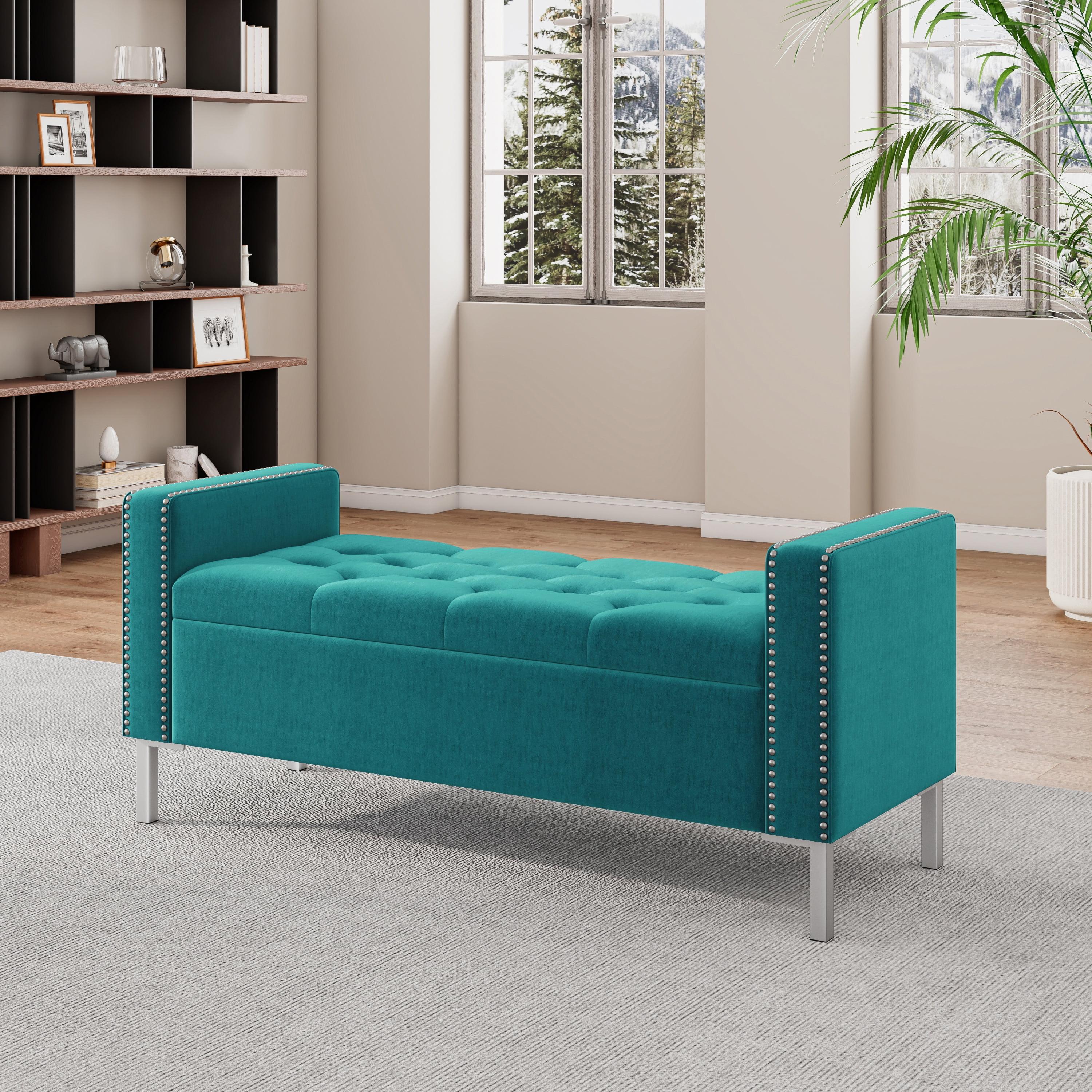 Homesvale Cashman 52"W x 22.5" H Storage Bench Ottoman with Square Arms for Living Room, Bedroom, Entryway, Turquoise Blue Velvet
