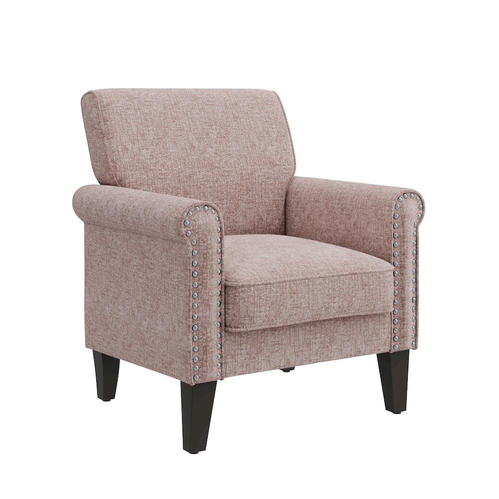 HL Home Furnishings Jean Rolled Arm Chair with Nailheads in Pink Chenille