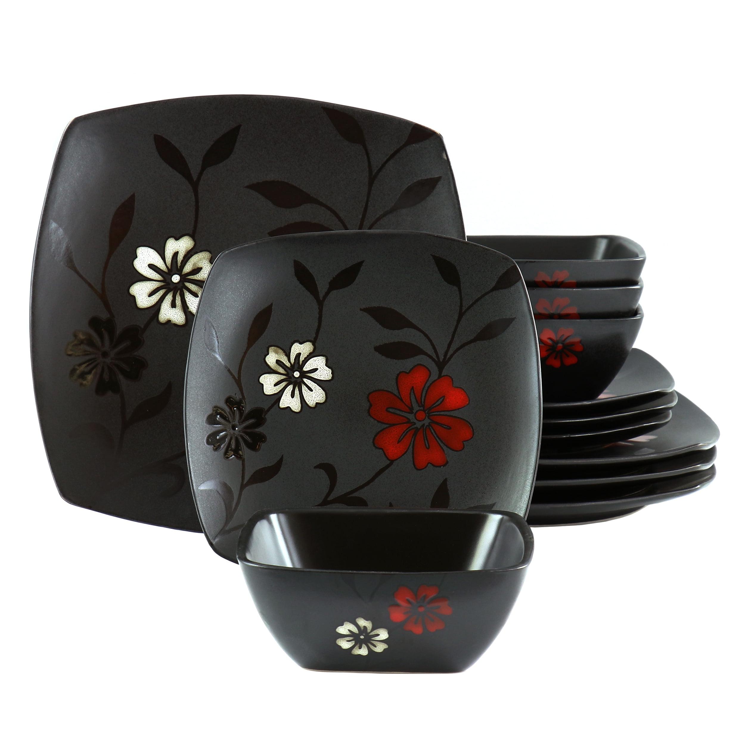 Evening Blossom Black Floral Ceramic Square Dinnerware Set, Service for 4