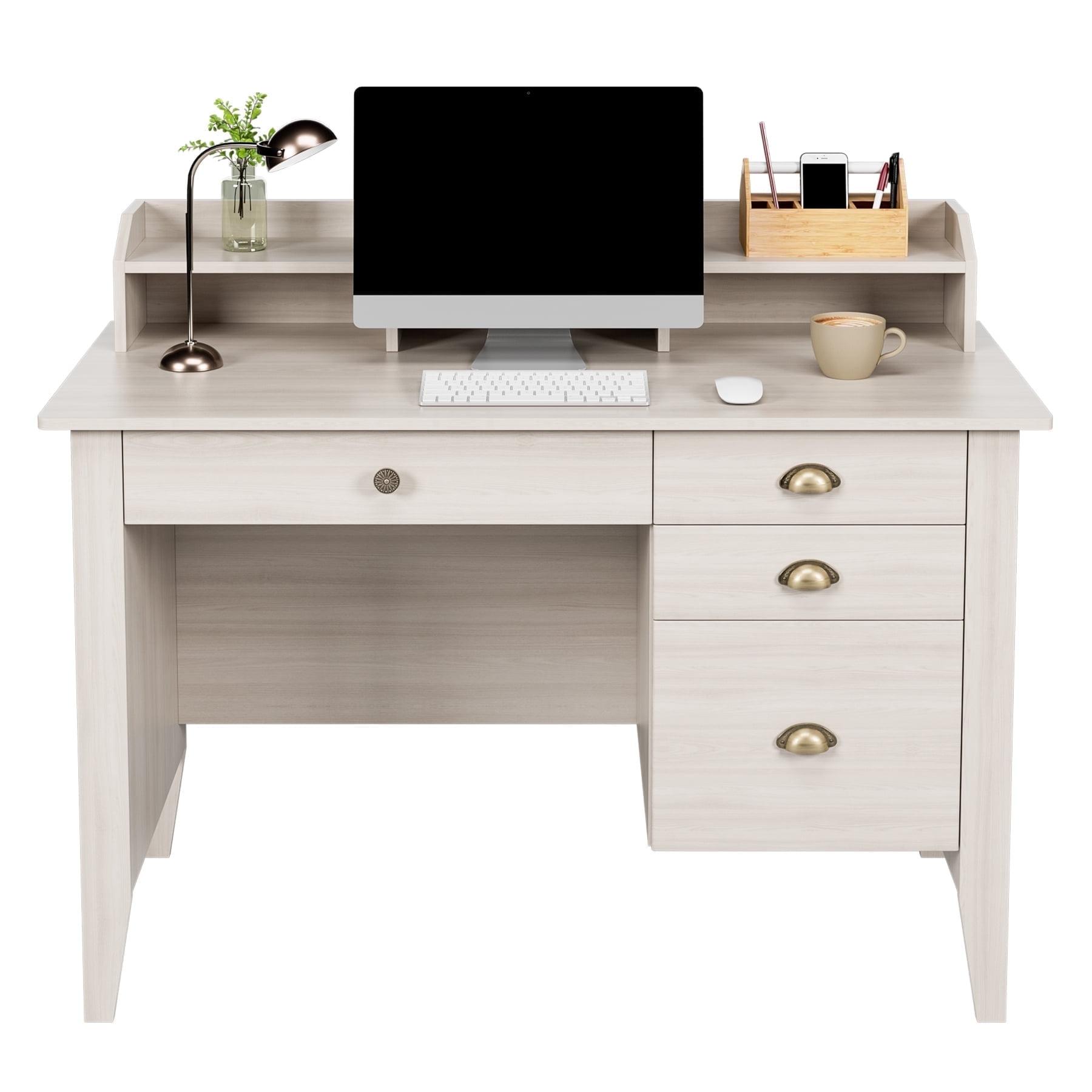 Homfa 47 in Computer Desk, Home Office Writing Table with 4 Drawers and Hutch Shelf, Oak White