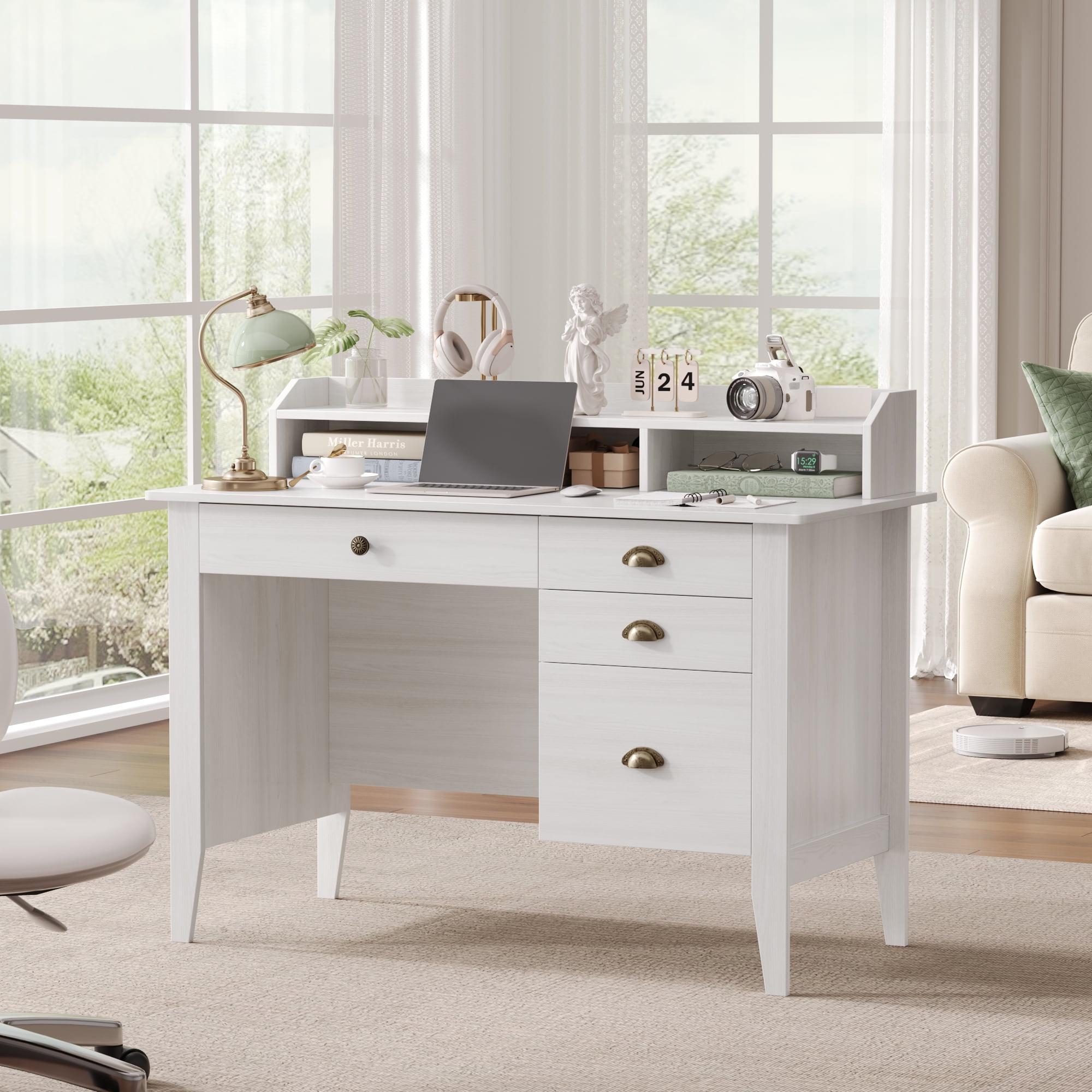 Homfa 47 in Computer Desk, Home Office Writing Table with 4 Drawers and Hutch Shelf, Oak White
