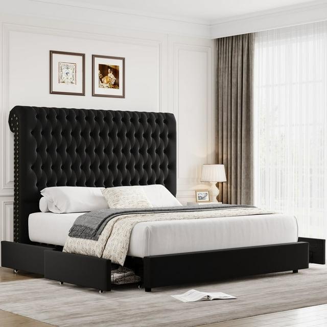 Andover Mills™ Kohlmeier Luxury Upholstered Bed, Tall Tufted Wingback Headboard with Nailhead Trim
