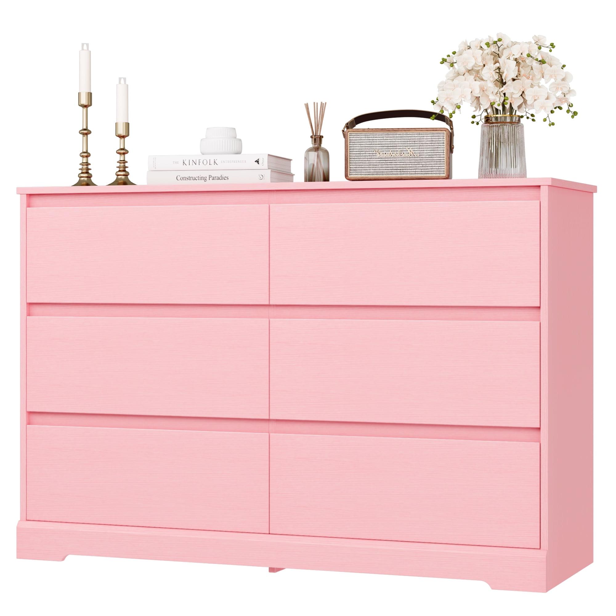 Pink Double 6-Drawer Horizontal Dresser with Soft Close