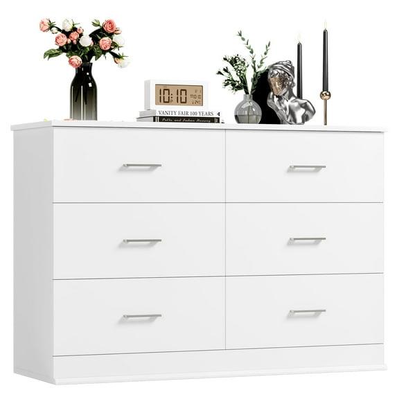 Miekor 6 Drawer Double Dresser for Bedroom, Wide Storage Cabinet for Living Room Home Entryway, White G6054