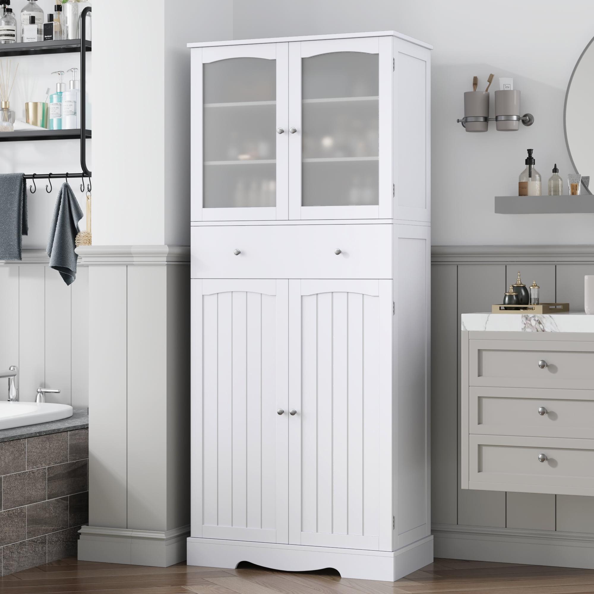 White 70.8'' Wooden Bathroom Cabinet with Glass Doors and Drawer