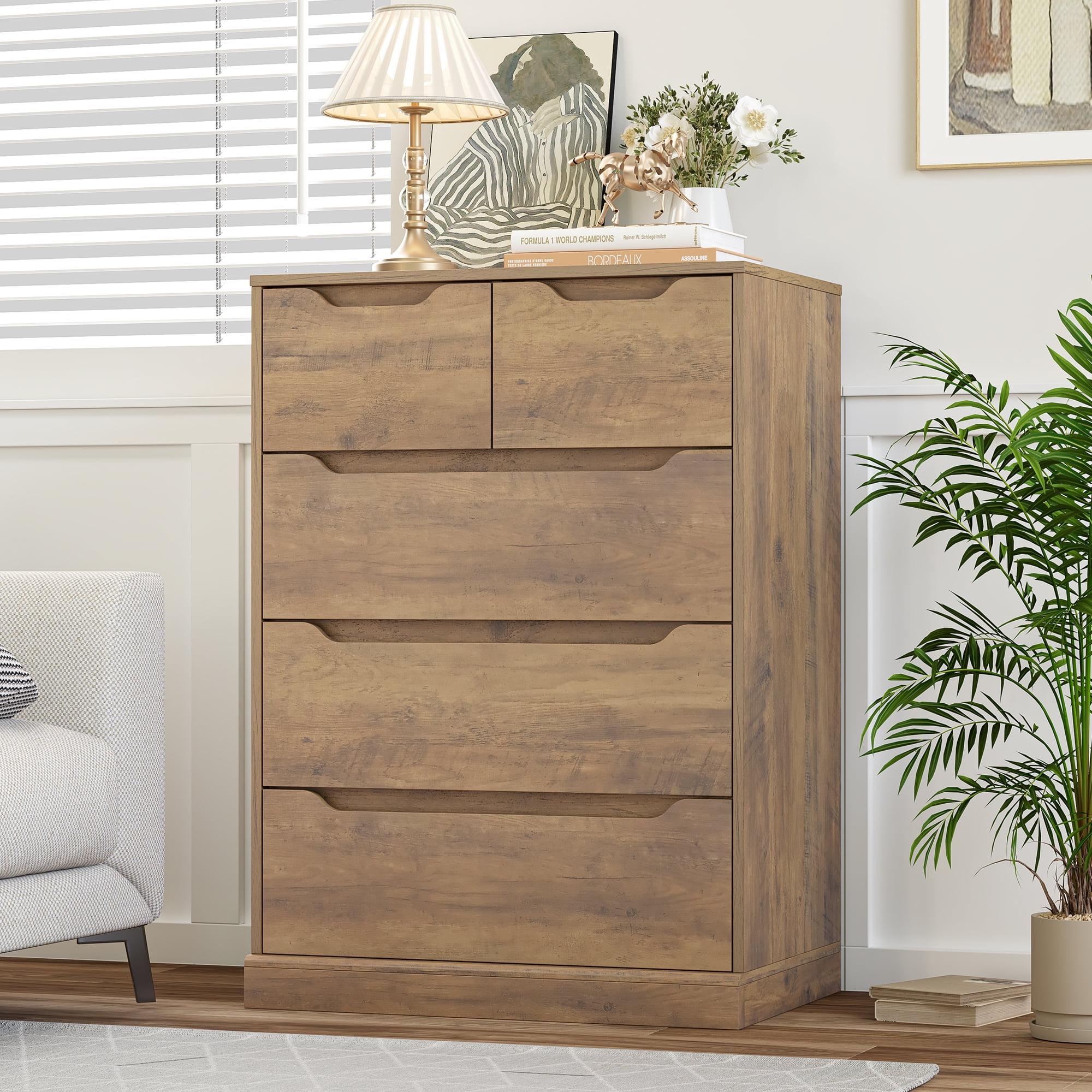 Homfa Dresser for Bedroom, Wood Storage Chest of 5 Drawers with Cutout Handles for Living Room, Rustic Brown