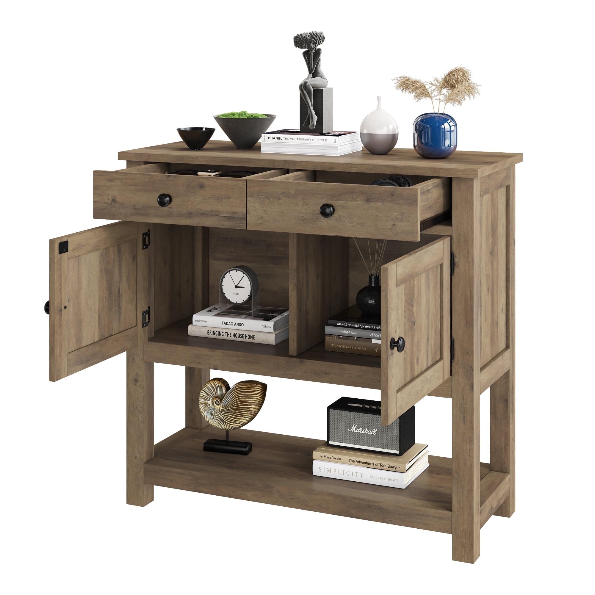 Homfa Farmhouse Console Table with 2 drawers & 2 door cabinet, Sofa Table Entryway Table with Storage Shelf for living room, Hallway, Brown