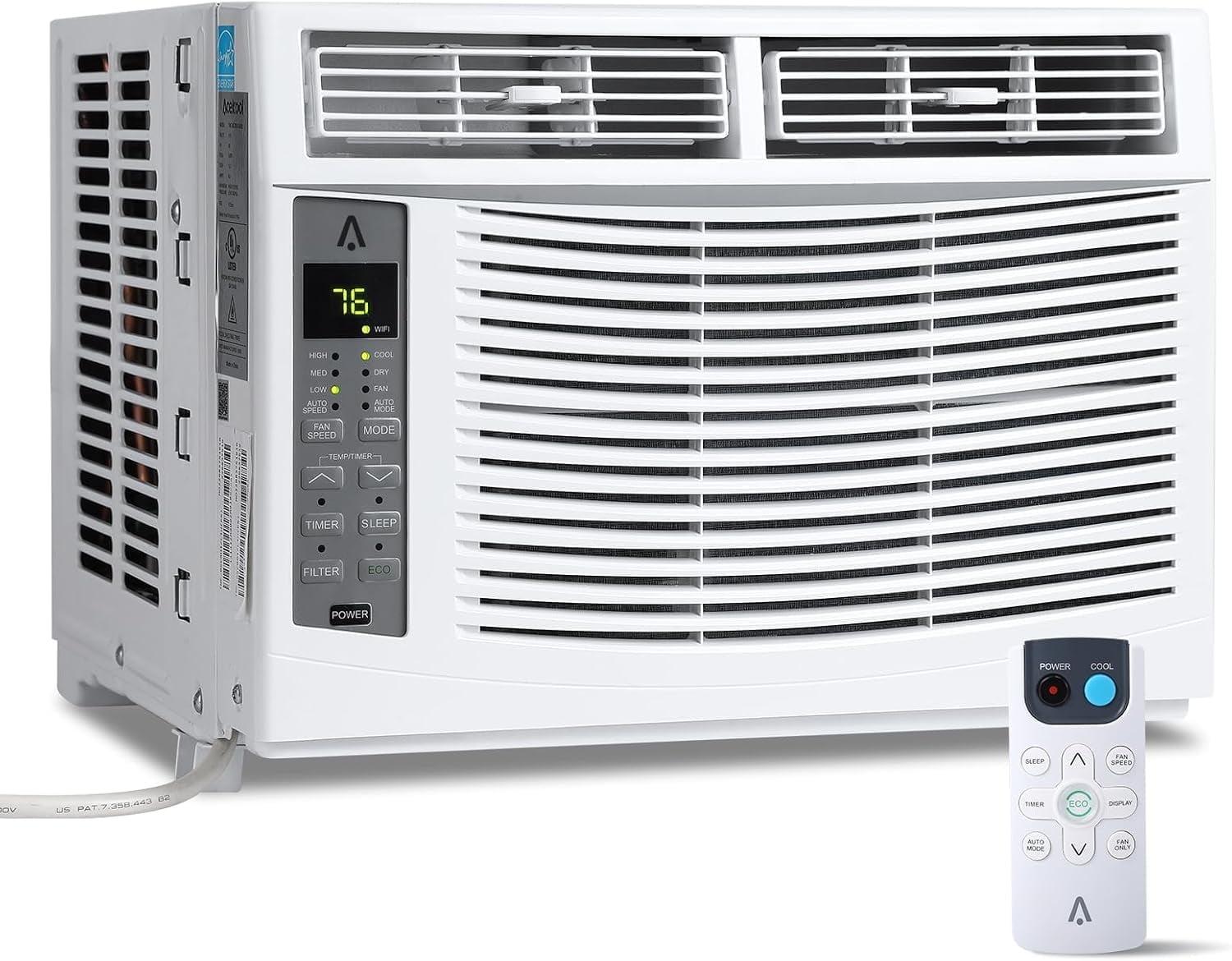Homhougo 6,000 BTU Window Air Conditioner, 3-in-1 AC Unit (Cooling, Dehumidifying, Fan), Timer, Sleep/ECO Mode, Easy Installation Kit, Cools Rooms Up to 350 Sq.Ft, 115V/60Hz