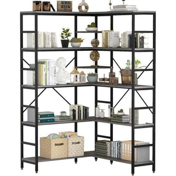 L-Shaped Corner Bookshelf, 5-Tier Industrial Bookcase with Heavy-Duty Metal Frame, Tall Storage Display Shelf for Bedroom, Living Room, and Home Office
