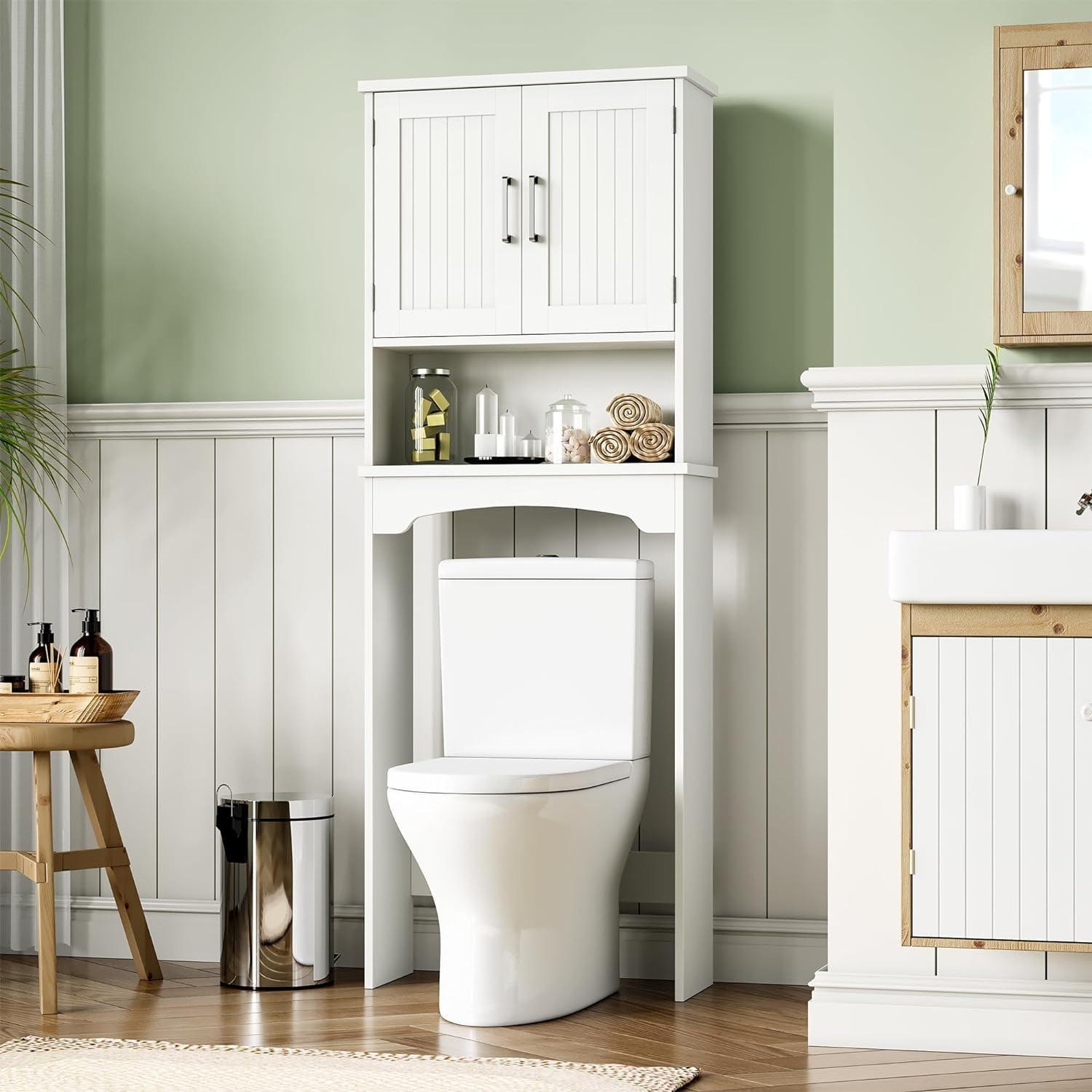 Over The Toilet Storage Cabinet with Double Doors and Anti-Tip Device