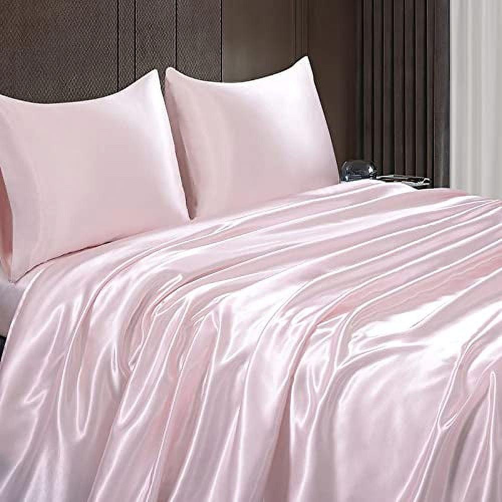 Homiest 4pcs Satin Sheets Set Luxury Silky Satin Bedding Set with Deep Pocket, 1 Fitted Sheet + 1 Flat Sheet + 2 Pillowcases (Queen Size, Blush Pink)