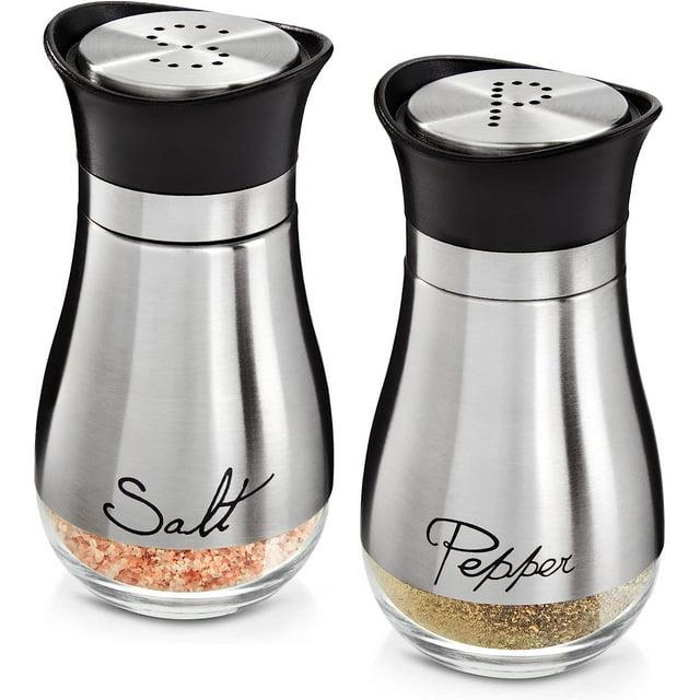 Juvale Stainless Steel Salt and Pepper Shakers Set with Glass Bottom, Perforated "S" and "P" Caps - Modern Kitchen Decor (4oz)