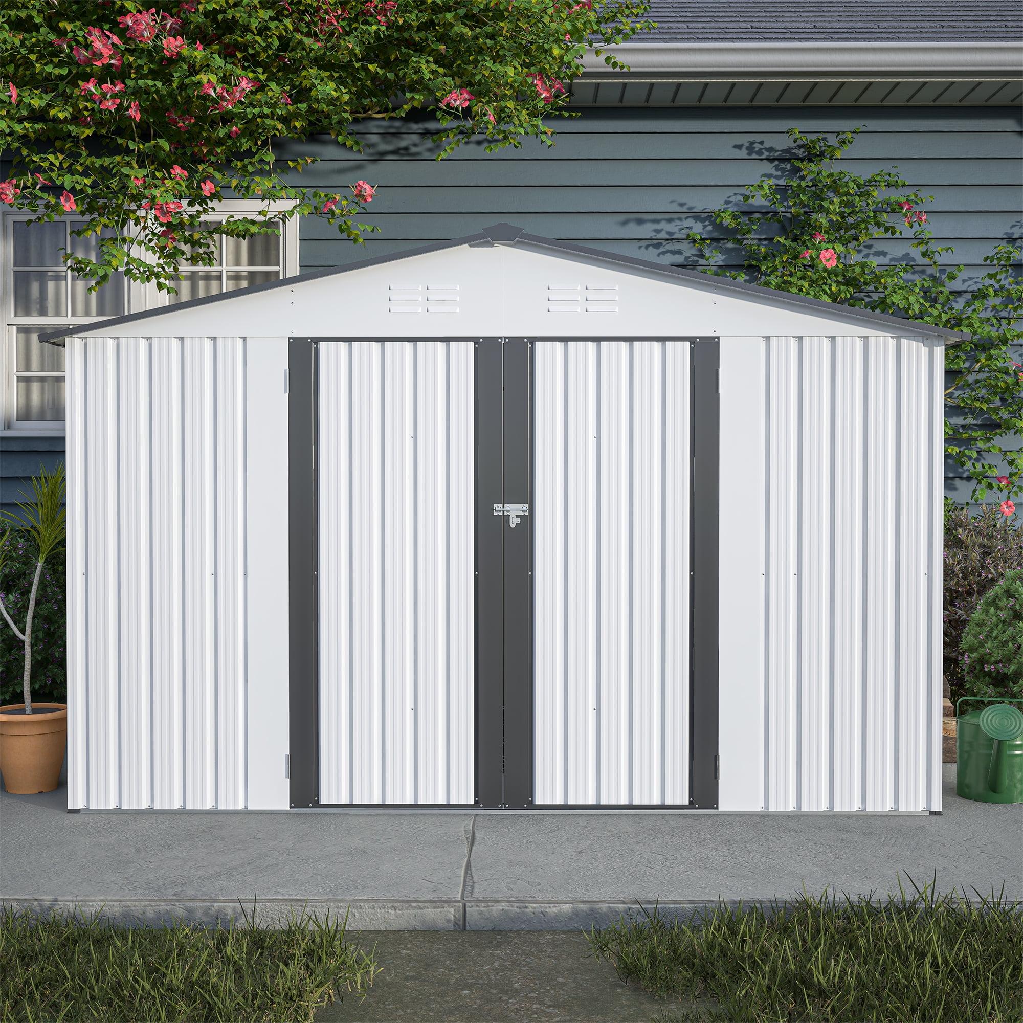 10x8 FT Outdoor Storage Shed, All Weather Metal Sheds with Lockable Doors, Tool Shed for Garden/Patio/Backyard/Lawn, White