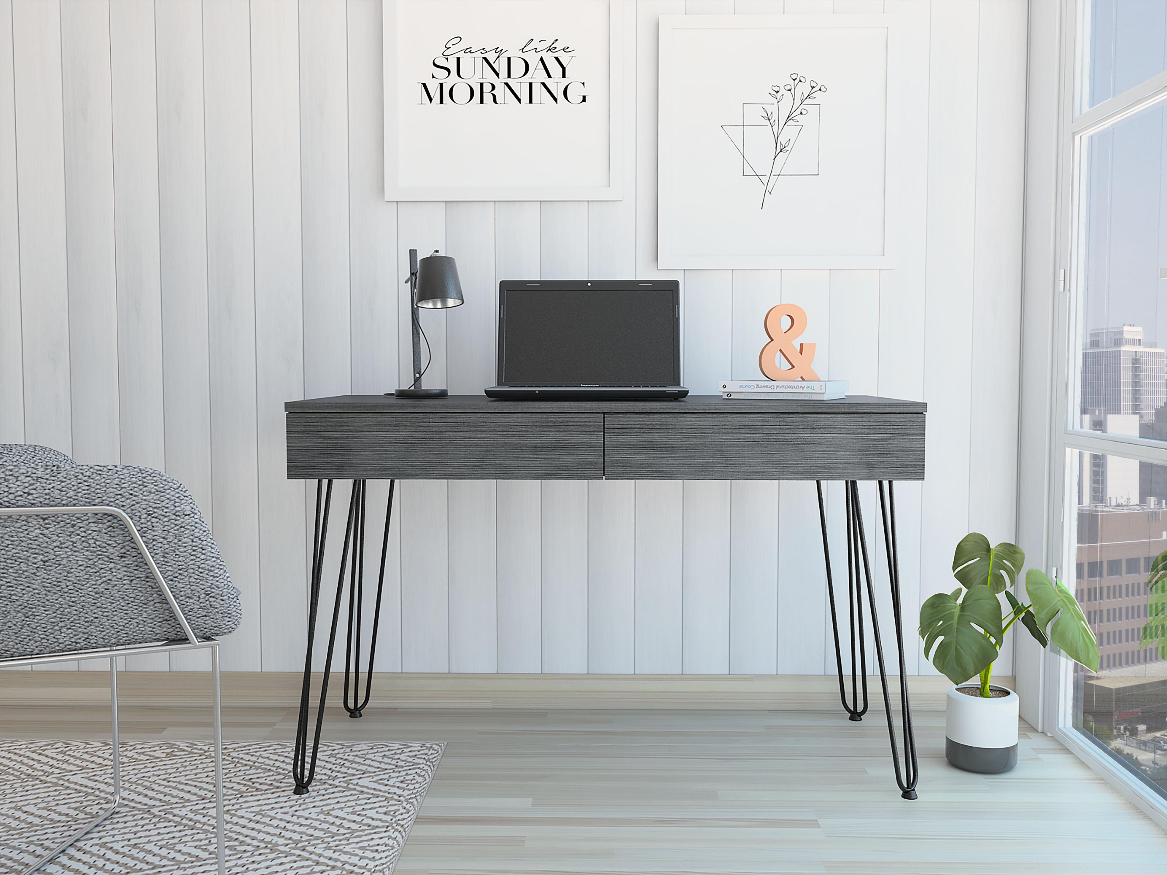 Gray Oak Writing Desk with Hairpin Legs and Drawers