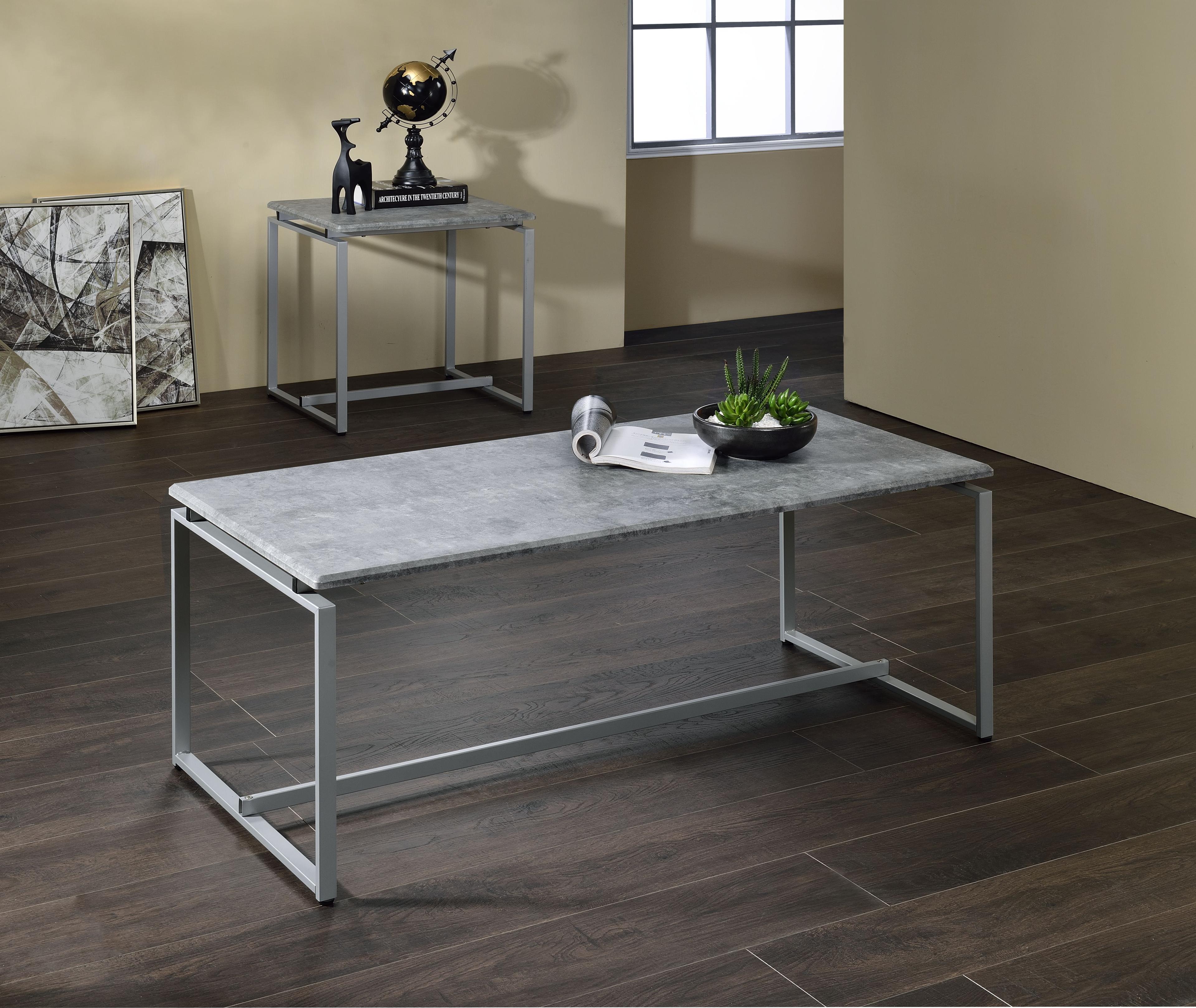 Acme Furniture 48" Jurgen Coffee Table Faux Concrete Top Silver: Modern Rectangle, Metal Frame, Wood Surface