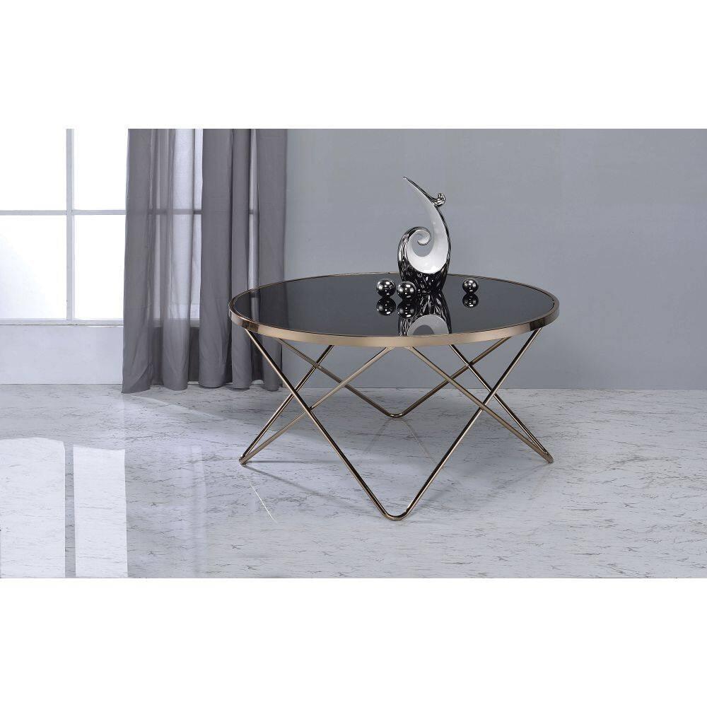 Eloise 34" Round Black Glass Coffee Table with Metal Base