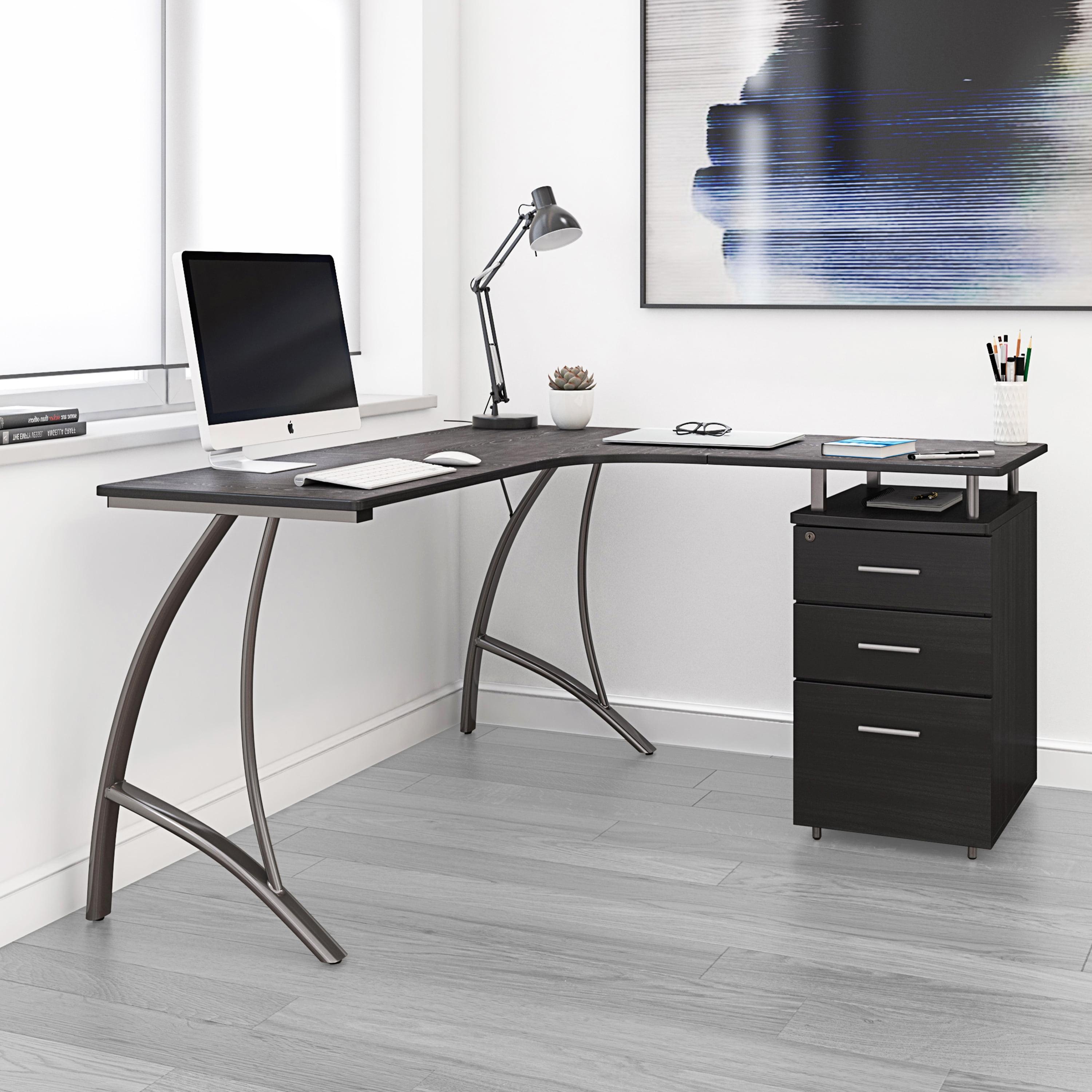 Espresso Wood L-Shaped Corner Desk with Drawer and Keyboard Tray