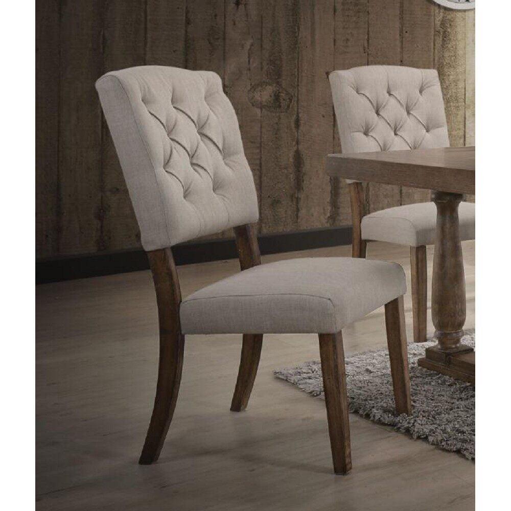 Cream Linen Upholstered Side Chair with Weathered Oak Legs