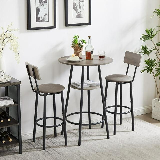 Kitchen Bar Table Set, 3-Piece Bar Table Set for Kitchen, Round Dining Room Set with 2 Upholstered Chairs, Gray Table and Chairs Dining Set for Pub Bistro Restaurant