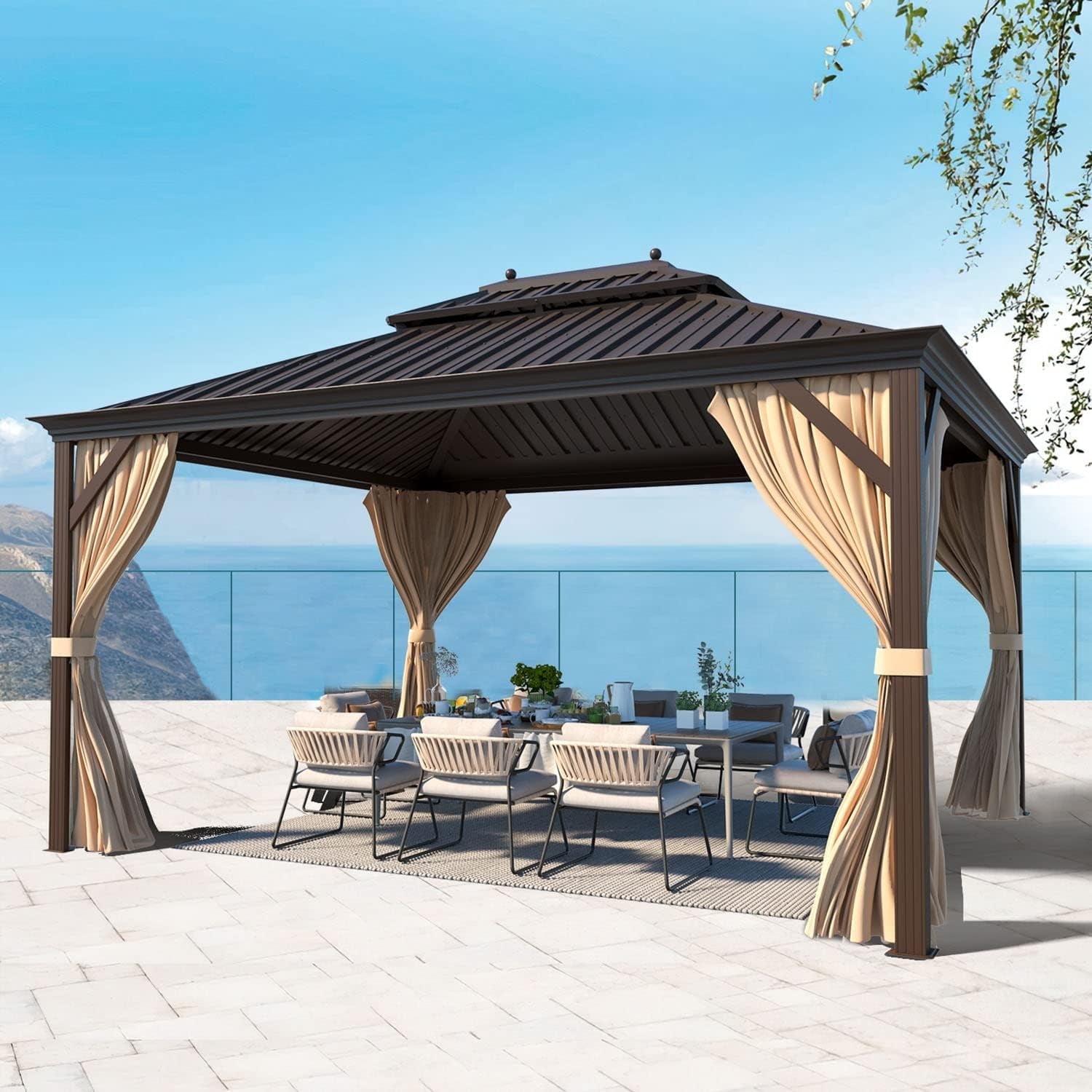 Hommow 10'x12' Hardtop Gazebo, Permanent Galvanized Steel Metal Double Roof Aluminum Pavilion