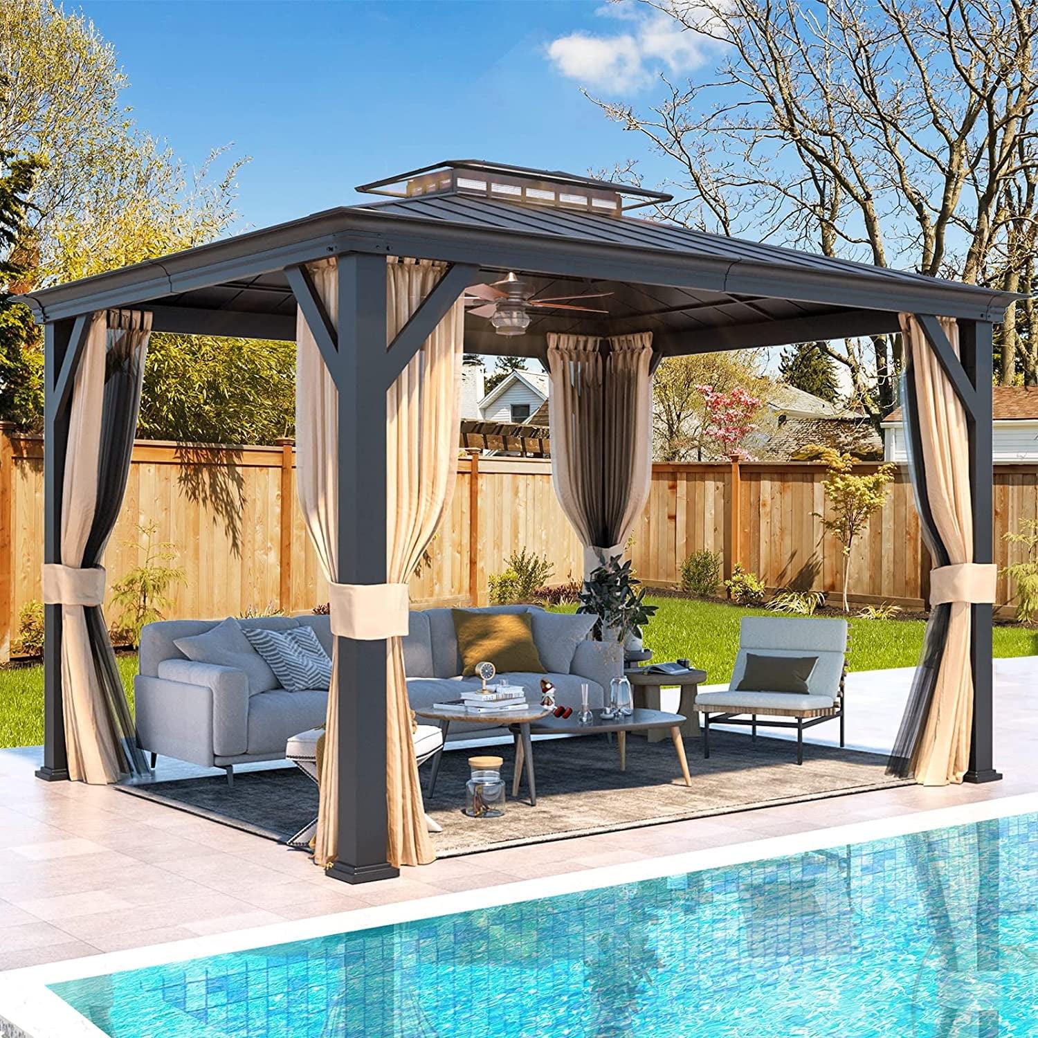 Erommy 12'x10' Hardtop Gazebo, Outdoor Gazebo Canopy, Acrylic & Galvanized Steel Roof, Aluminum Frame with Curtains and Netting, Sunshade for Garden