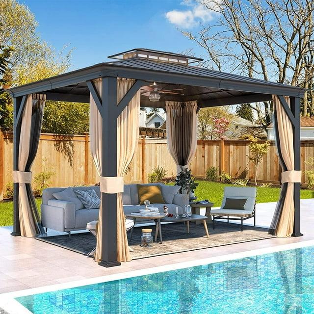 Erommy 12'x10' Hardtop Gazebo, Outdoor Gazebo Canopy, Acrylic & Galvanized Steel Roof, Aluminum Frame with Curtains and Netting, Sunshade for Garden
