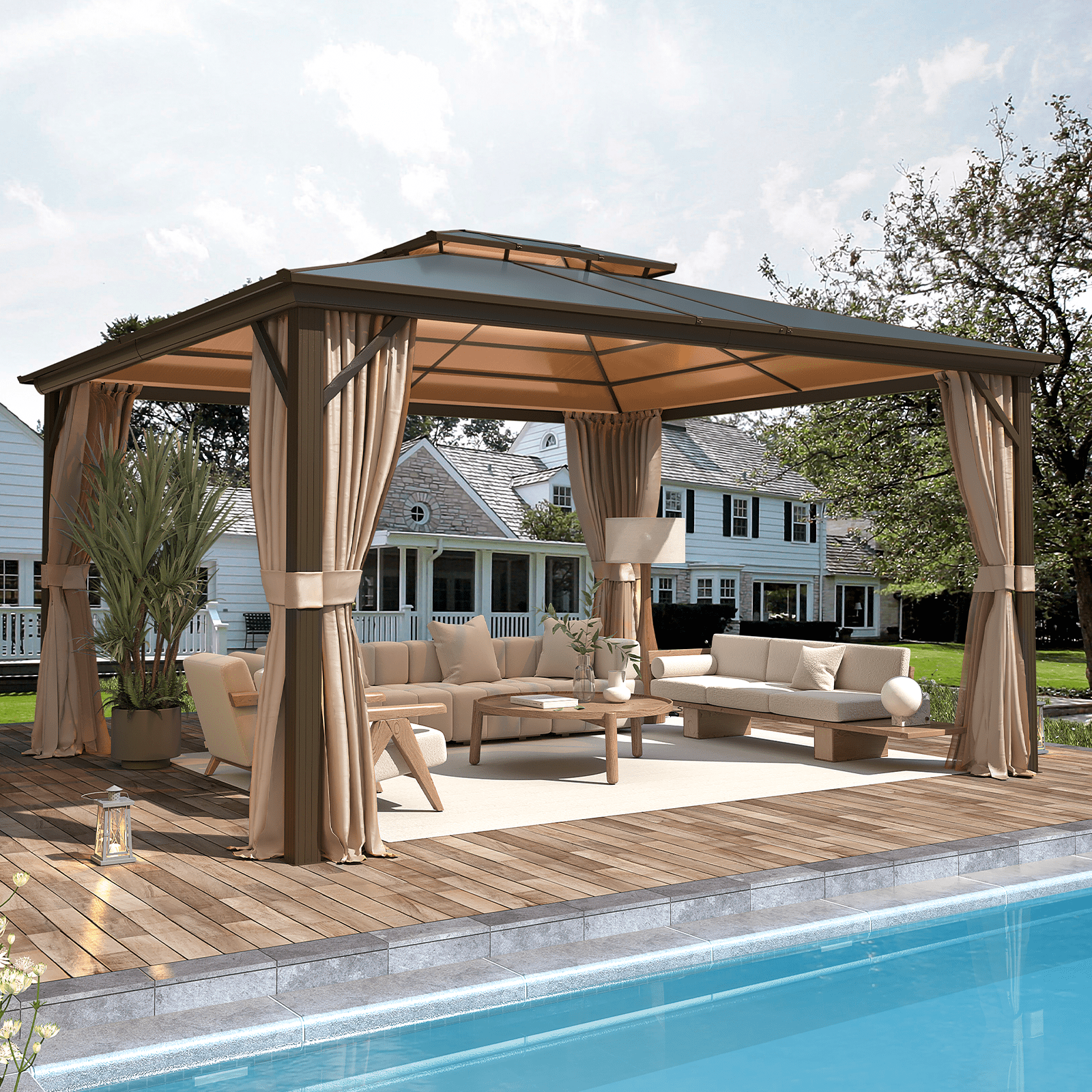 14' x 12' Brown Aluminum Patio Gazebo with Curtains