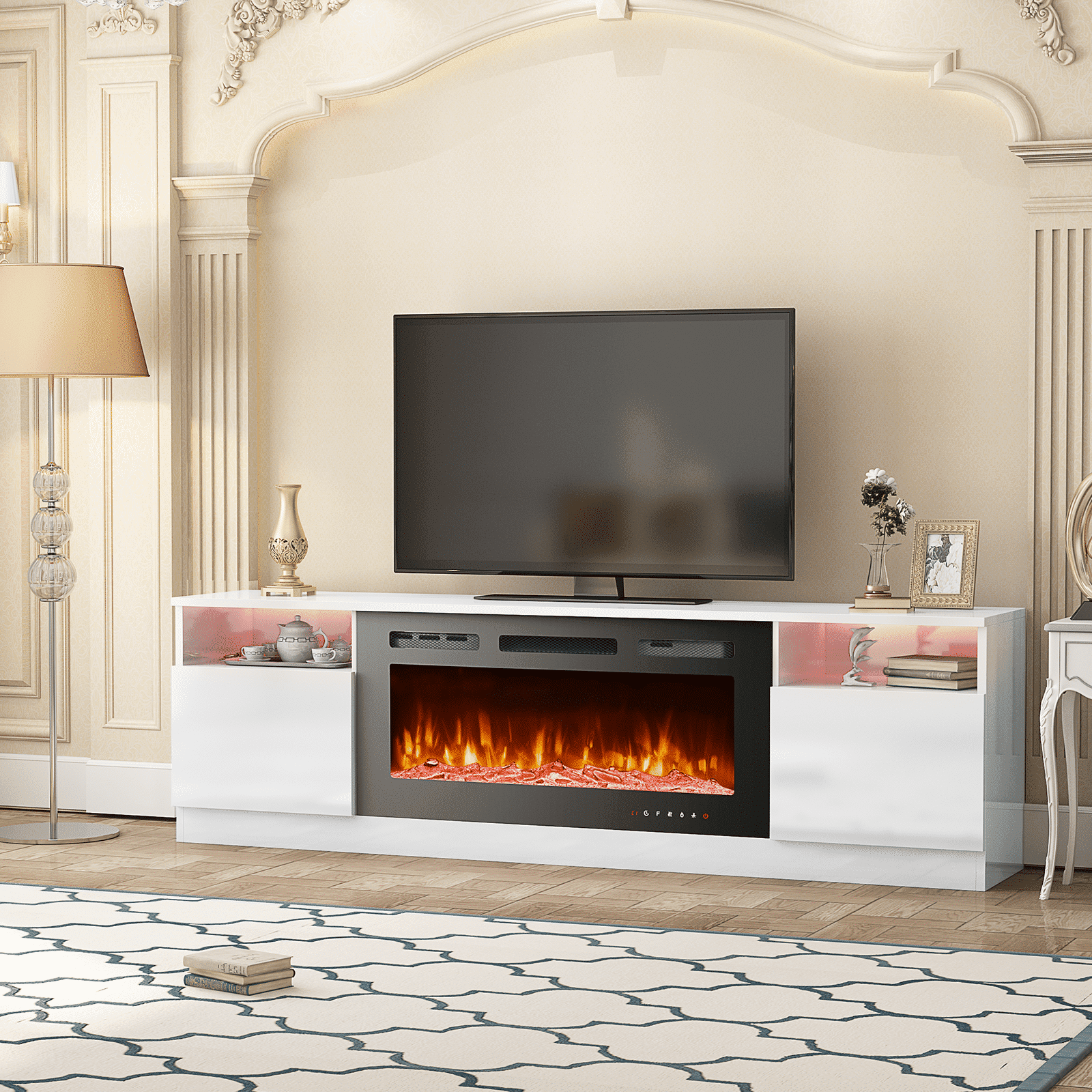 Hommow 70'' Fireplace TV Stand with 36'' Electric Fireplace, Entertainment Center, TV Console for TVs up to 80'' for Living Room, White