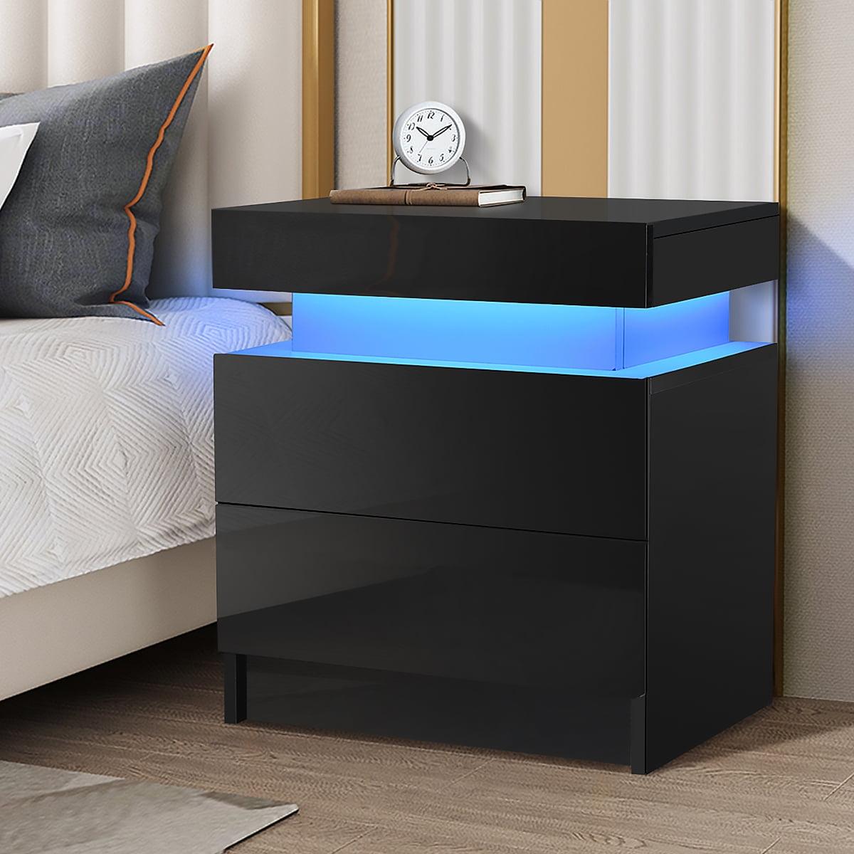 Hommpa Modern Nightstand with LED Lights High Gloss Bedside Table with 2 Drawers Smart Night Stands Black End Side Table for Bedroom Living Room Home Furniture