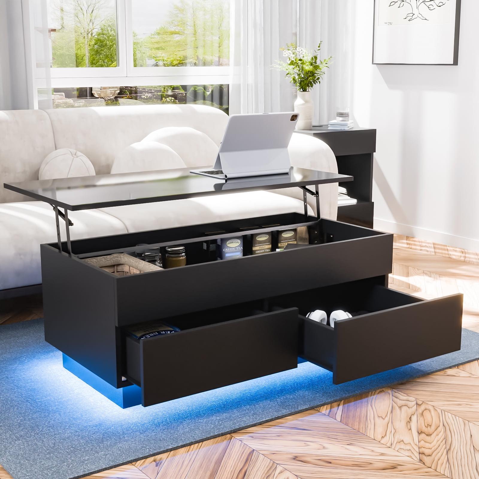 Black Rectangular Wood Lift-Top Coffee Table with Storage and LED Lights